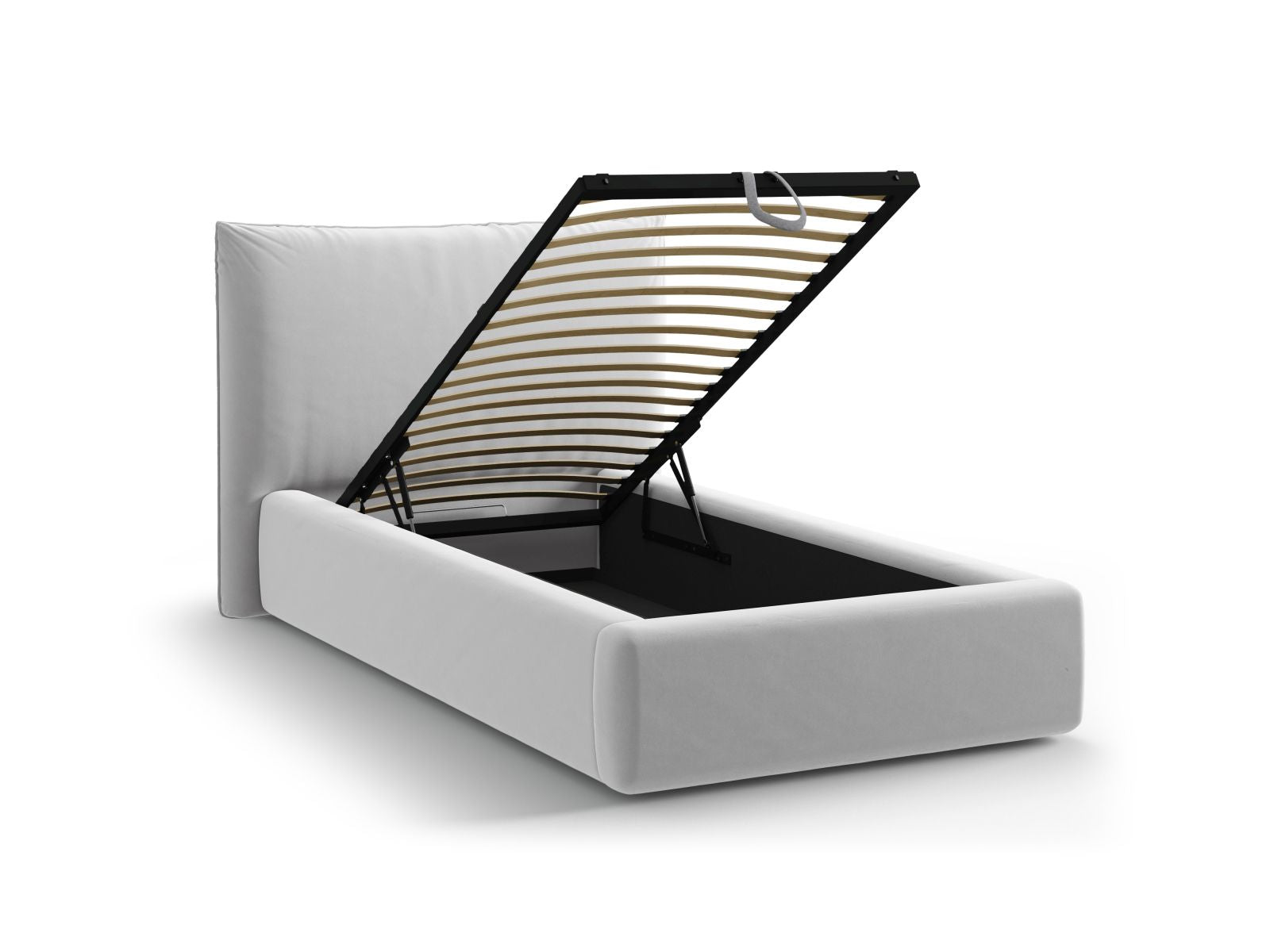 Elegantes Kaelle Bett mit 90 cm Breite, ausgestattet mit einem Kopfteil und praktischem Stauraum, perfekt für stilvolle Schlafzimmer in sanftem Light Grey-Bluvel.
