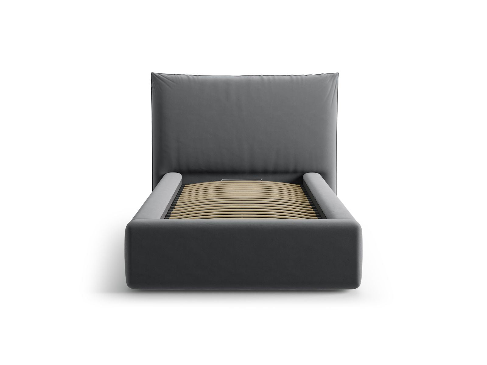 Stylisches Kaelle Bett mit 90 cm Breite, Kopfteil und praktischem Stauraum in elegantem Grey-Bluvel, ideal für moderne Schlafzimmer.