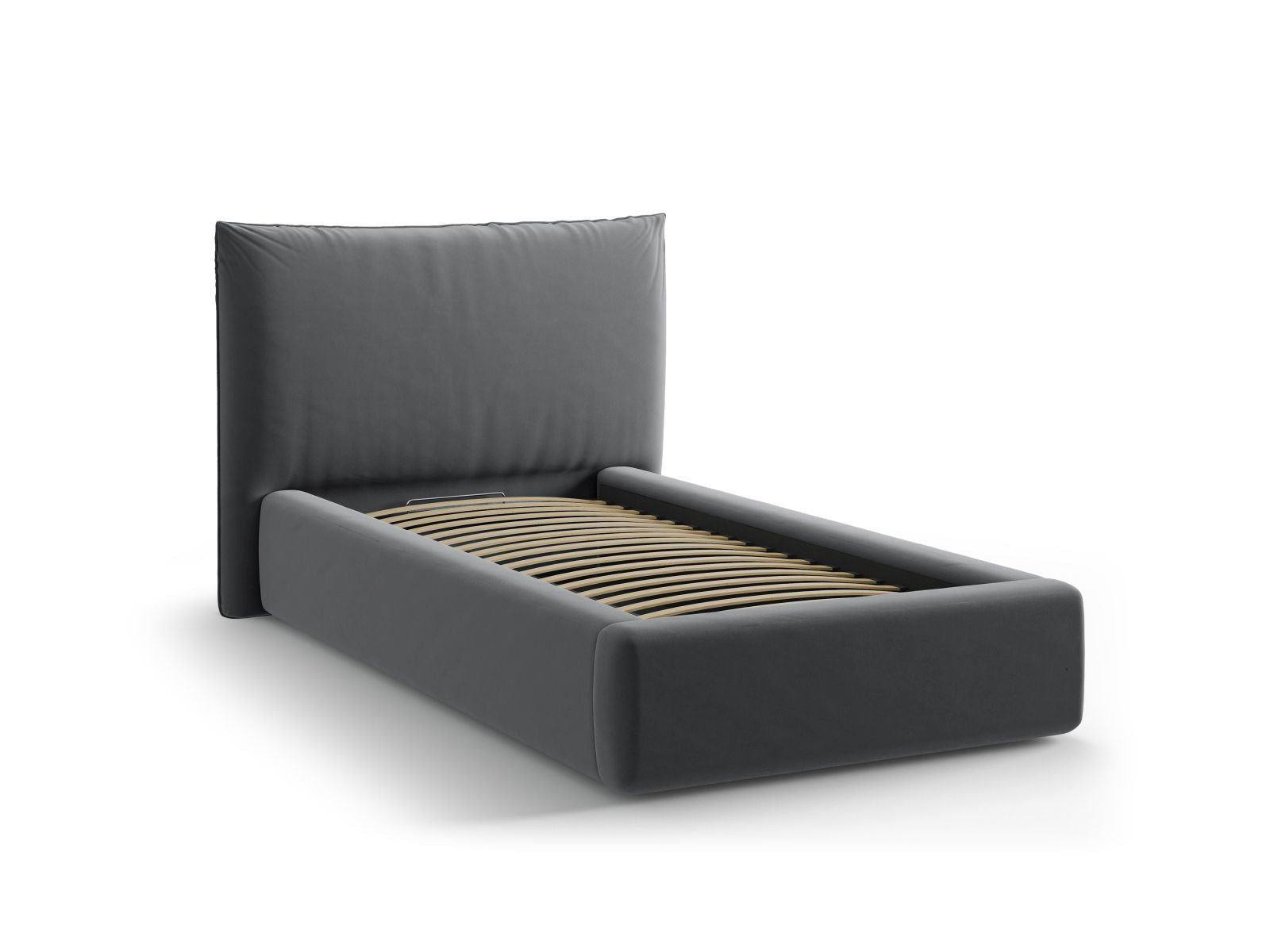 Stylisches Kaelle Bett mit 90 cm Breite, Kopfteil und cleverem Stauraum, ideal für moderne Schlafzimmerlösungen.