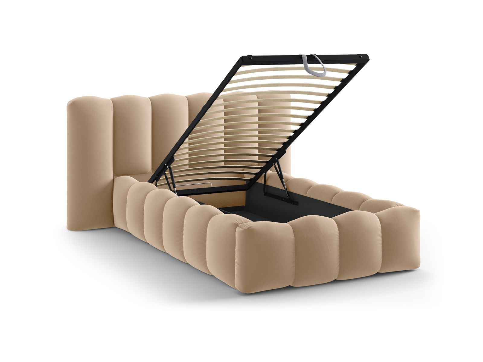 Modernes Lupine Bett mit 90 cm Breite, ausgestattet mit praktischem Stauraum und einem ansprechenden Kopfteil in Sand-Paris.