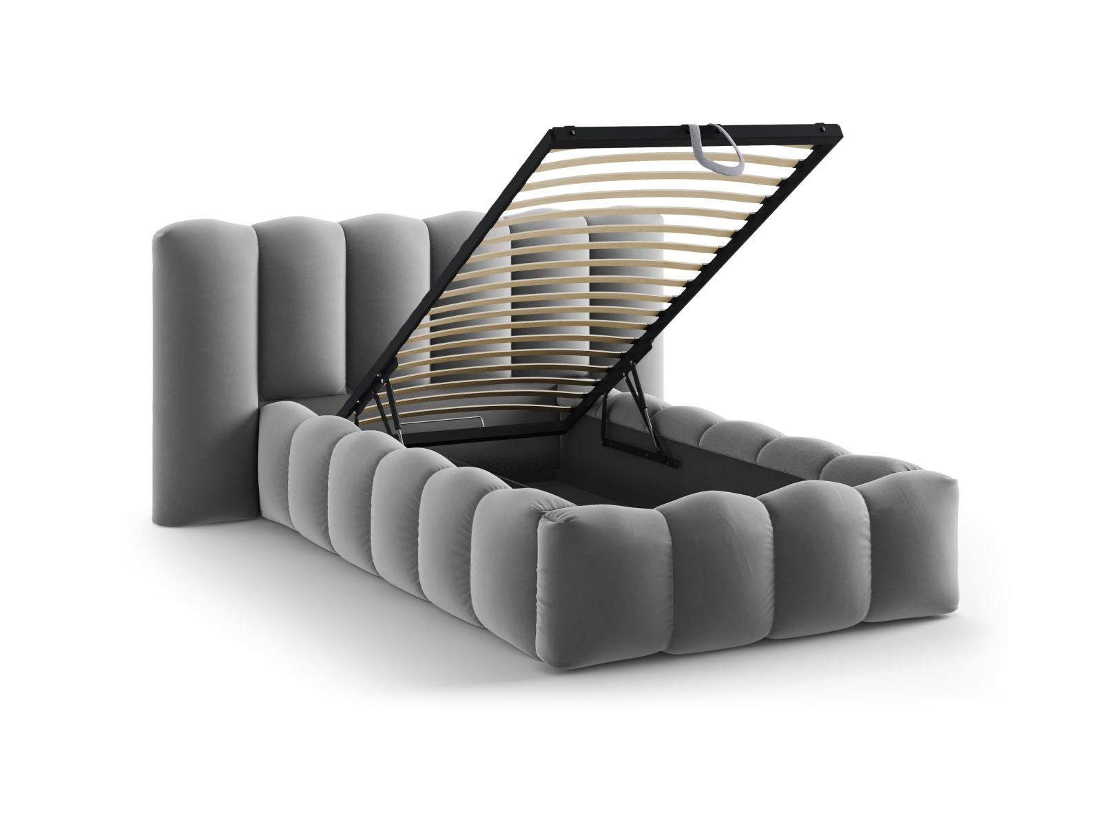 Modernes Lupine Bett mit integriertem Stauraum und ansprechendem Kopfteil, perfekt für platzsparende und stilvolle Schlafzimmer.