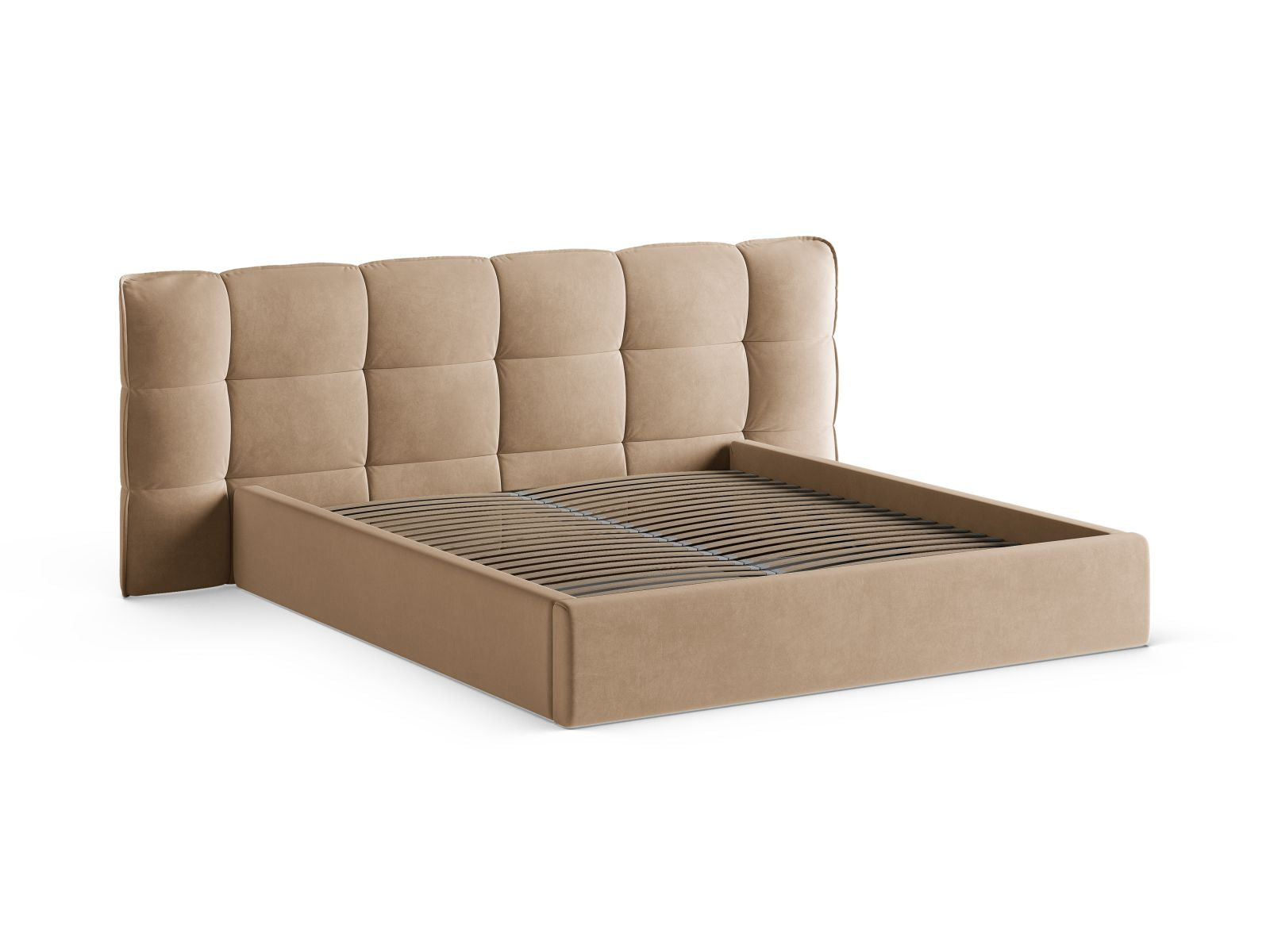 Modernes Eric Bett mit 140 cm Breite, ausgestattet mit einem stilvollen Kopfteil und praktischem Stauraum, ideal für jedes Schlafzimmer.