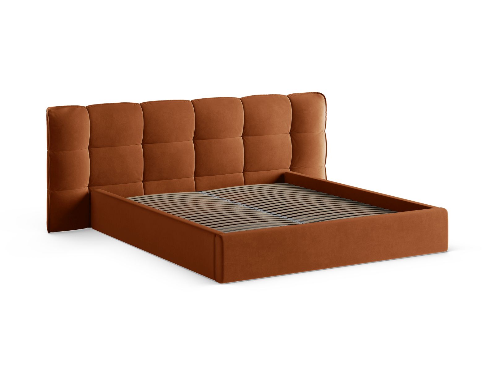 Modernes Eric Bett in warmem Terracotta, ausgestattet mit praktischem Stauraum und einem ansprechenden Kopfteil für stilvolle Schlafzimmer.