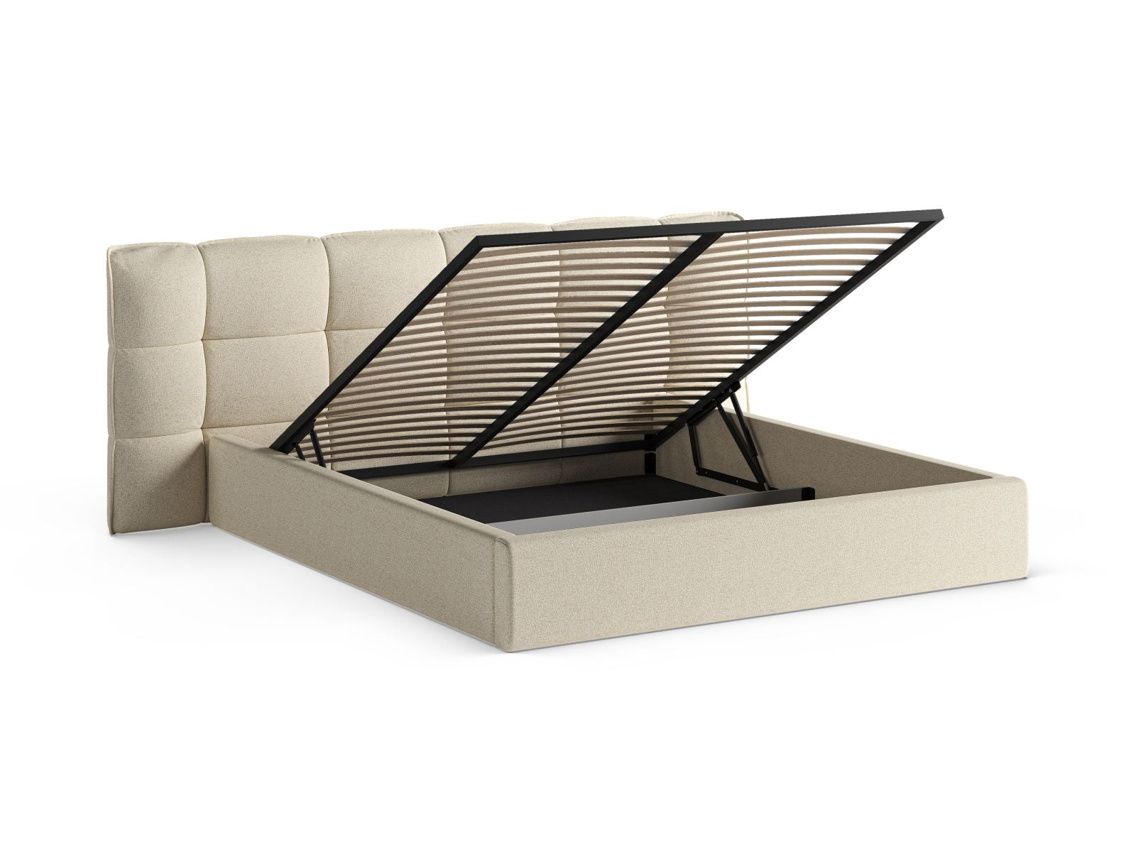Stylisches Eric Bett in sanftem Beige, ausgestattet mit praktischem Stauraum und einem geschmackvollen Kopfteil für zeitgemäße Schlafzimmer.