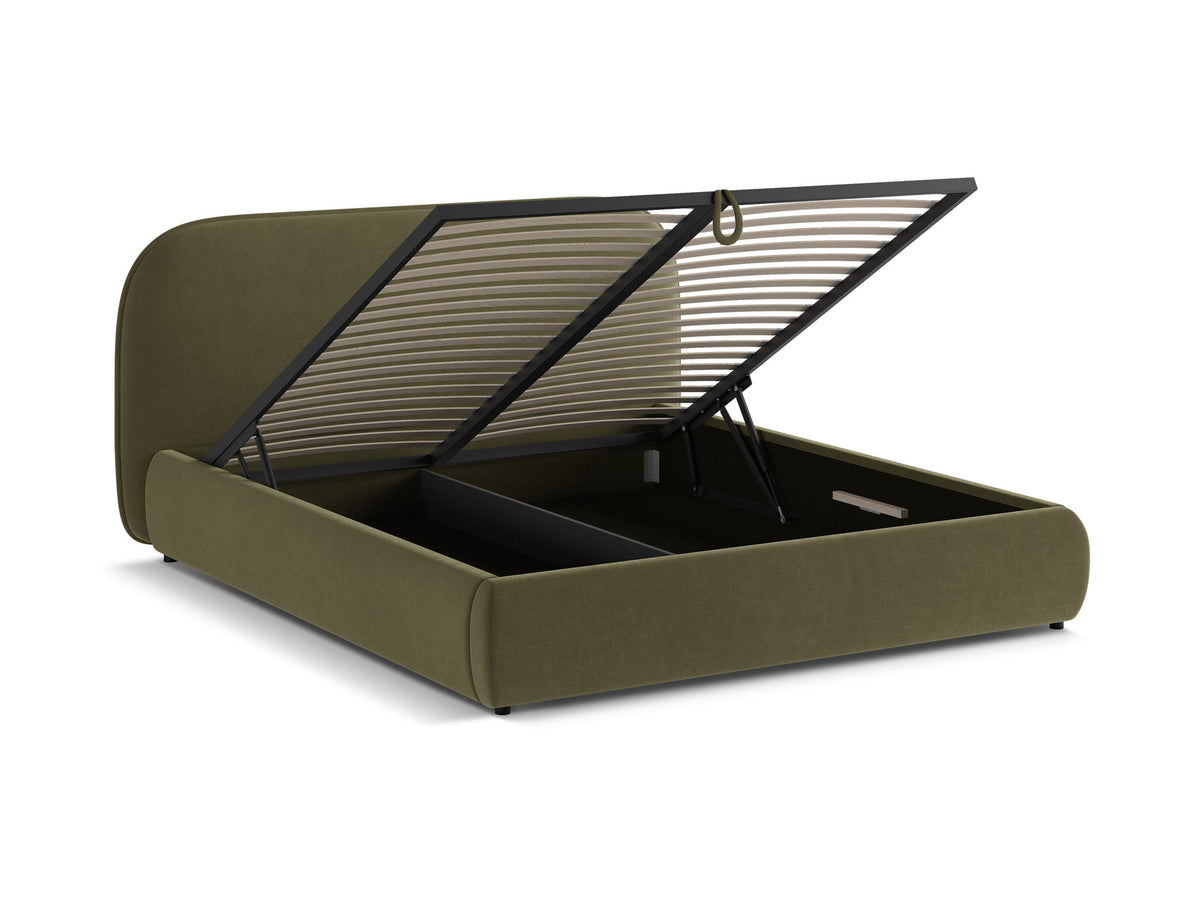 Stauraumbett Murada mit gepolstertem Kopfteil, Metallrahmen und Front-öffnender Bettbox, Stoffbezug Tracy in Light Beige Melange, schwarze Kunststoffbeine.