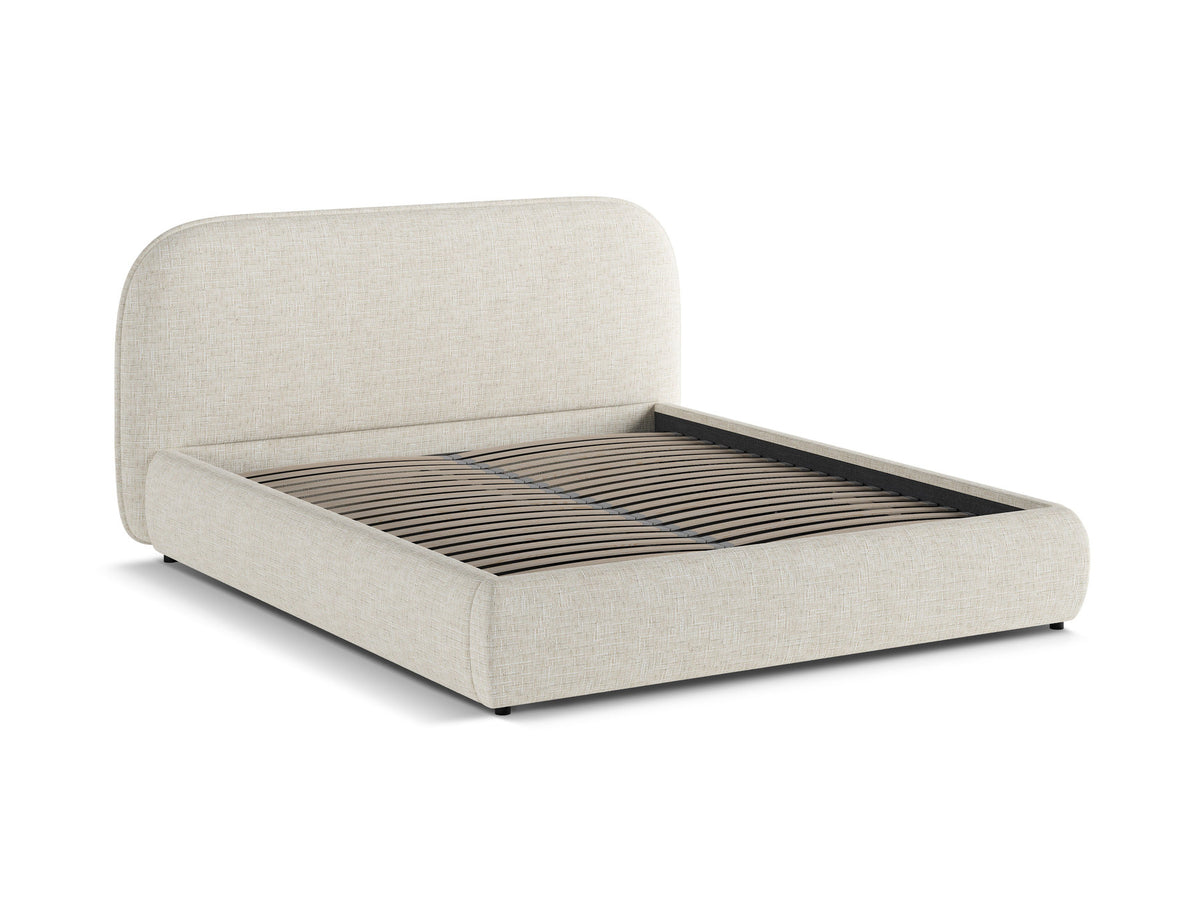 Stauraumbett Murada von Micadoni in Light Beige Melange-Tracy mit gepolstertem Kopfteil, Metallrahmen und schwarzen Kunststoffbeinen, Bettkasten geöffnet sichtbar