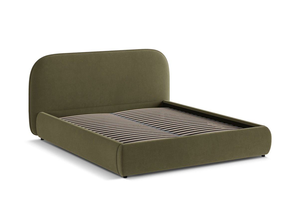 Stauraumbett Murada von Micadoni in Light Beige Melange-Tracy mit gepolstertem Kopfteil, Metallrahmen und schwarzen Kunststoffbeinen, Bettkasten geöffnet sichtbar