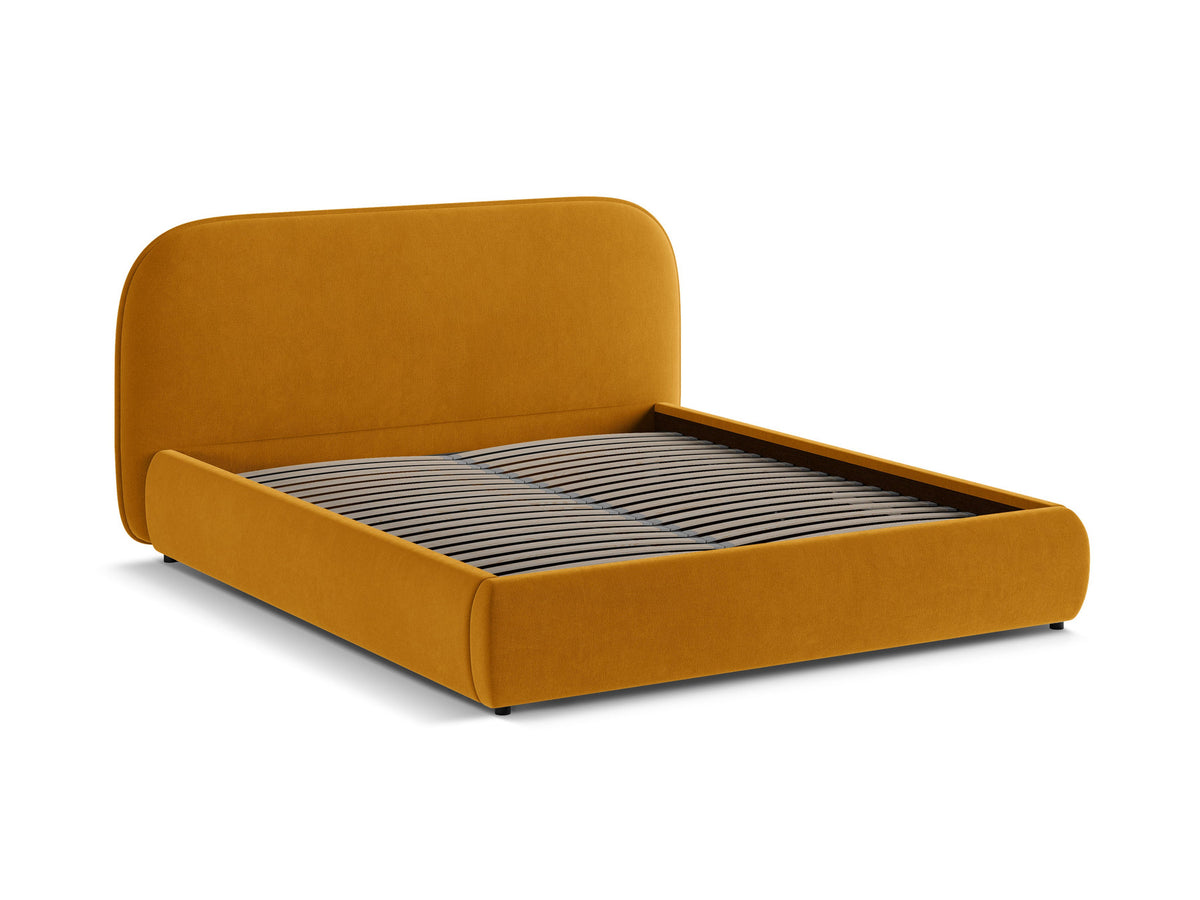 Stauraumbett Murada von Micadoni in Light Beige Melange-Tracy mit gepolstertem Kopfteil, Metallrahmen und schwarzen Kunststoffbeinen, Bettkasten geöffnet sichtbar