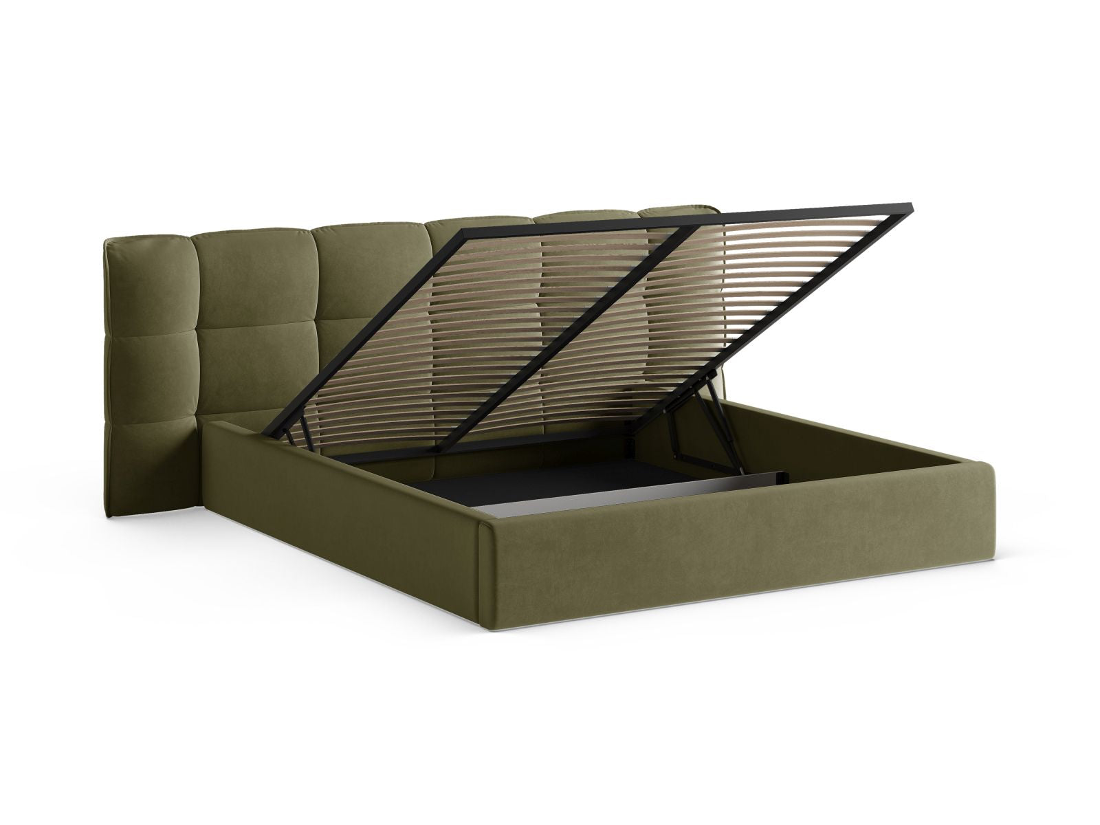Elegantes Eric Bett in Light Green-Casino, 180 cm breit, mit praktischem Stauraum und geschmackvollem Kopfteil für ein stilvolles Schlafzimmer.