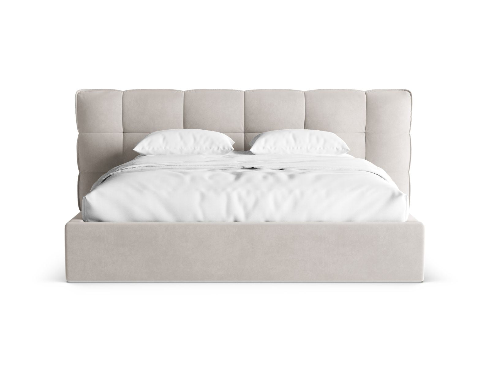 Stylisches Eric Bett mit praktischem Stauraum und elegantem Kopfteil in Light Beige-Casino, ideal für modernes Wohnen.