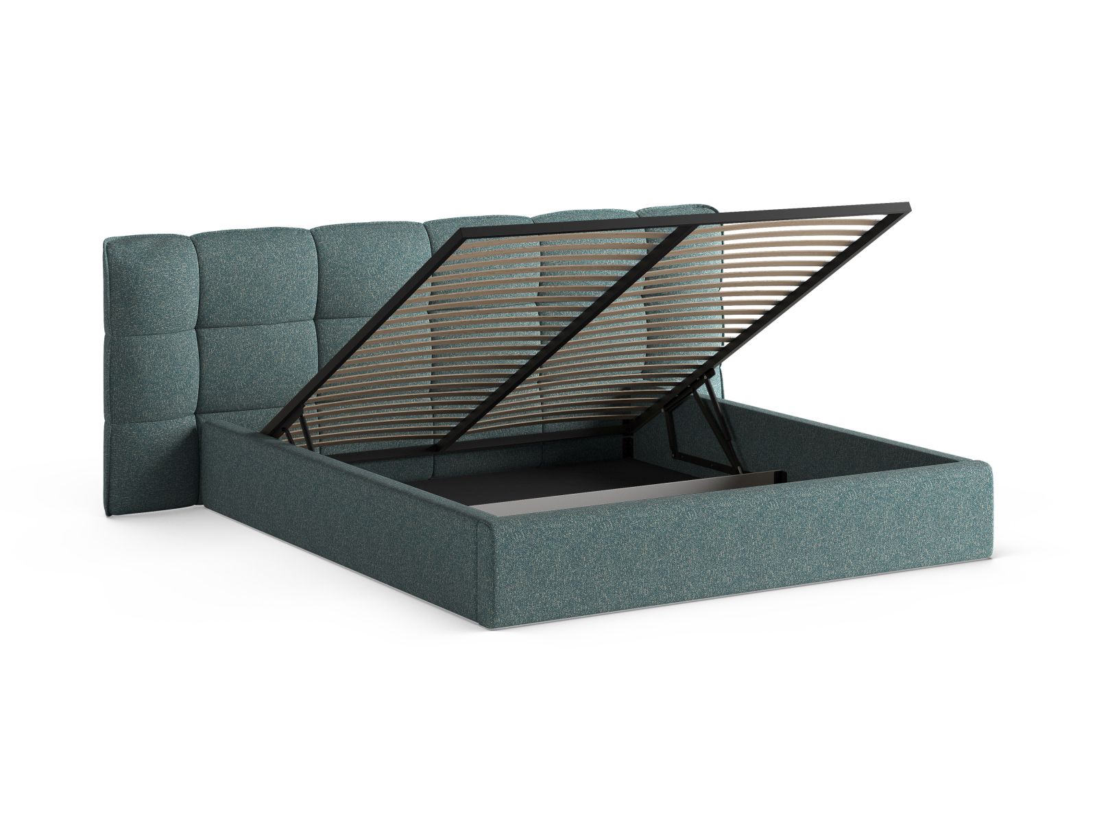 Modernes Eric Bett mit großzügigem Stauraum und geschmackvollem Kopfteil in Blue Melange-Puente, perfekt für stilvolle Schlafzimmer.