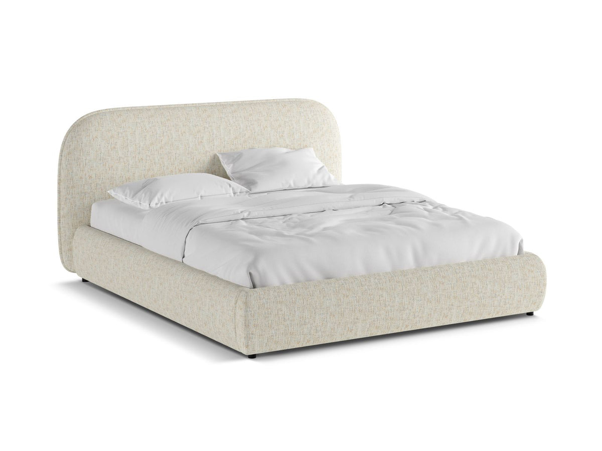 Murada Stauraumbett 200x200 von Micadoni mit gepolstertem Kopfteil in Light Beige Melange-Tracy, Metallrahmen und Bettkasten mit Gaslift-Öffnung.