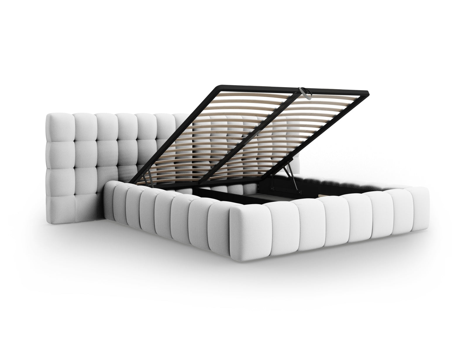 Erleben Sie das Mamaia Bett von Micadoni: 200 cm Liegefläche, stilvolles doppeltes Headboard und cleverer Stauraum für ein aufgeräumtes Schlafzimmer.