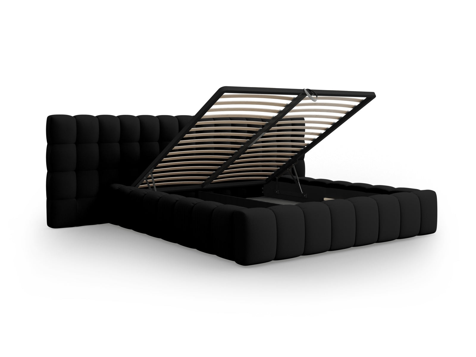 Erleben Sie das Mamaia Bett von Micadoni: 200 cm Liegefläche, stilvolles doppeltes Headboard und cleverer Stauraum für ein aufgeräumtes Schlafzimmer.