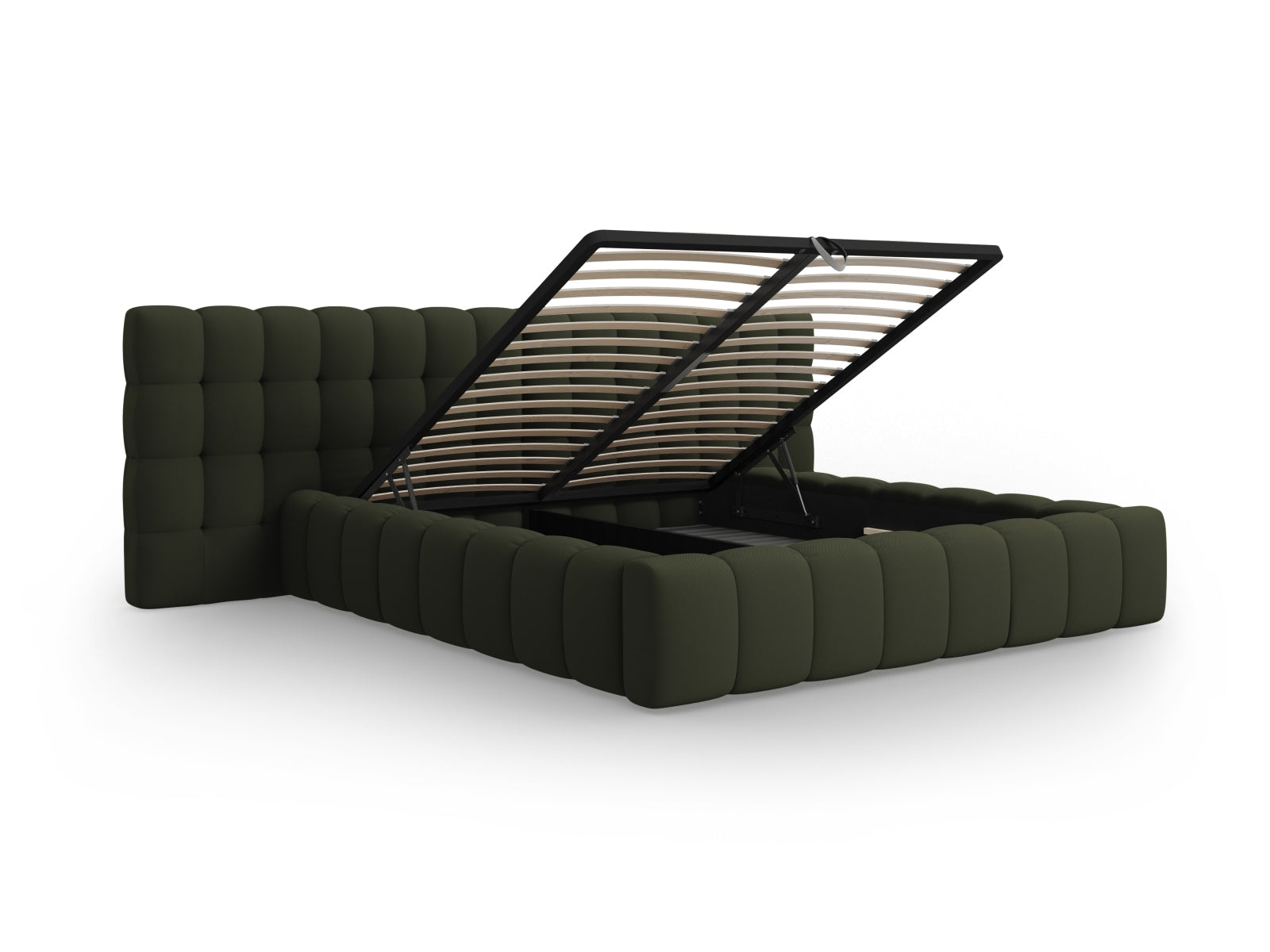 Erleben Sie das Mamaia Bett von Micadoni: 200 cm Liegefläche, stilvolles doppeltes Headboard und cleverer Stauraum für ein aufgeräumtes Schlafzimmer.