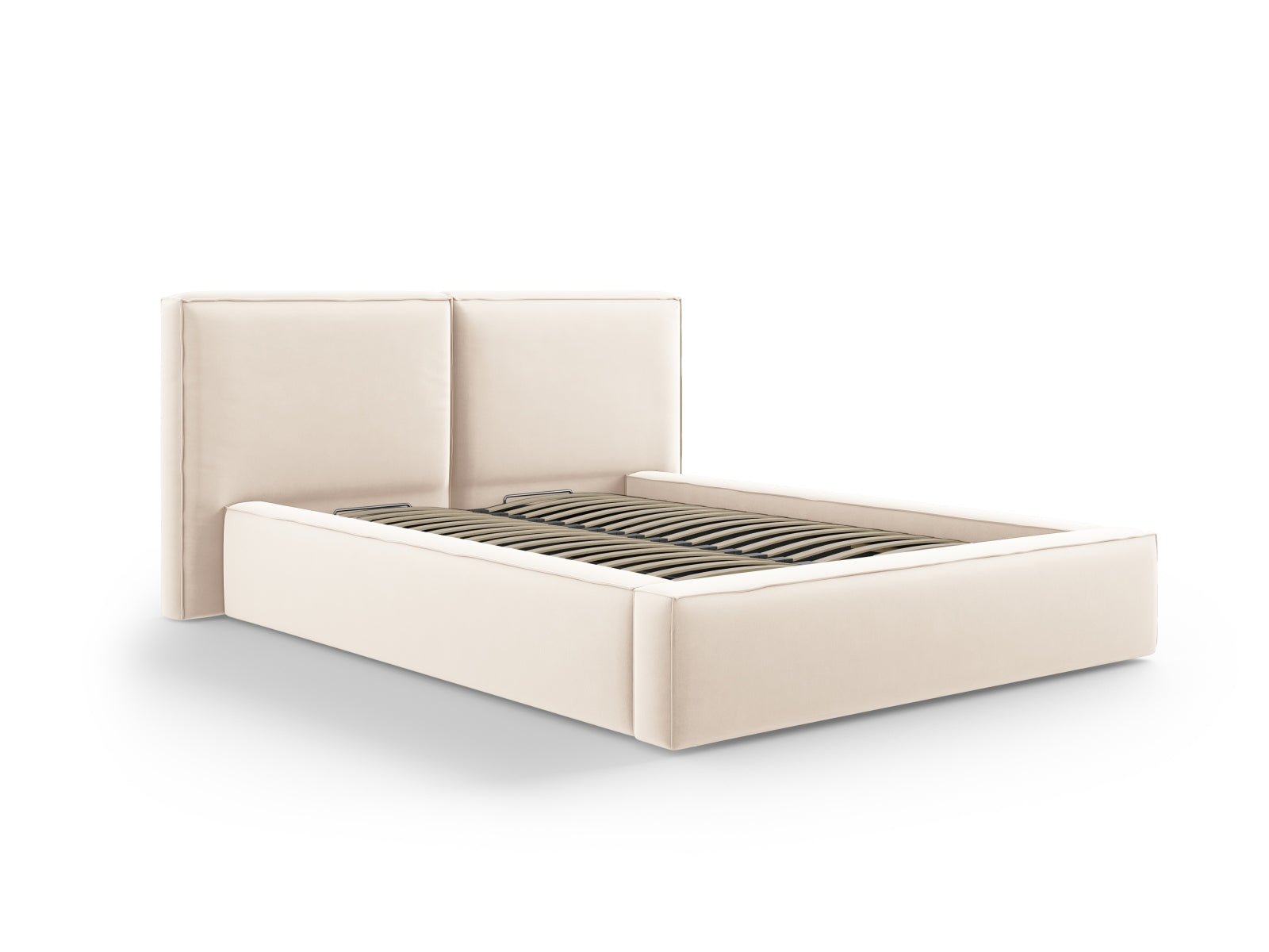Stilvolles Jodie Velour Bett in sanftem Beige mit doppeltem Kopfteil und praktischem Stauraum, perfekt für moderne Schlafzimmer.