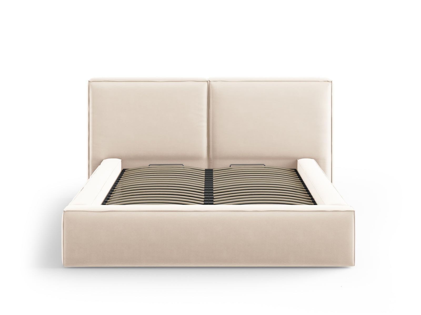 Elegantes Jodie Velour Bett in zartem Beige, ausgestattet mit doppeltem Kopfteil und cleverem Stauraum für ein modernes Schlafzimmer.