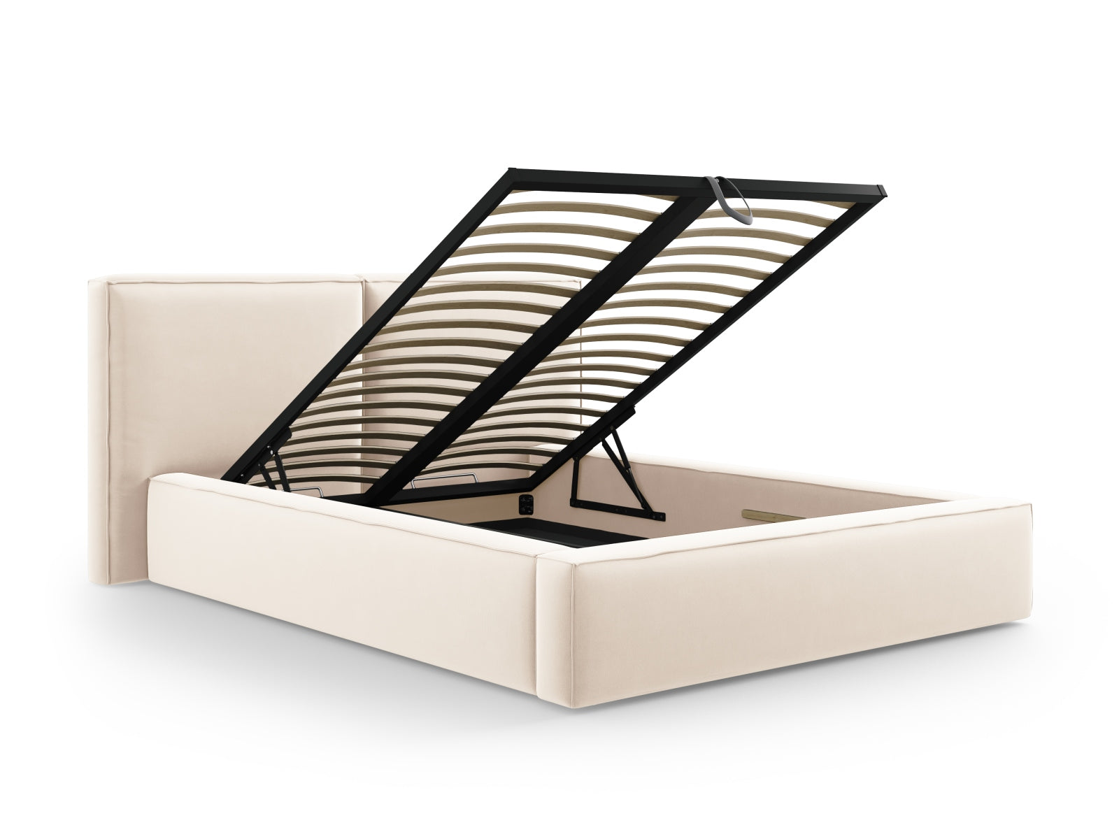 Stilvolles Jodie Velour Bett in sanftem Beige, mit praktischem Stauraum und doppeltem Kopfteil für ein zeitgemäßes Schlafzimmer.