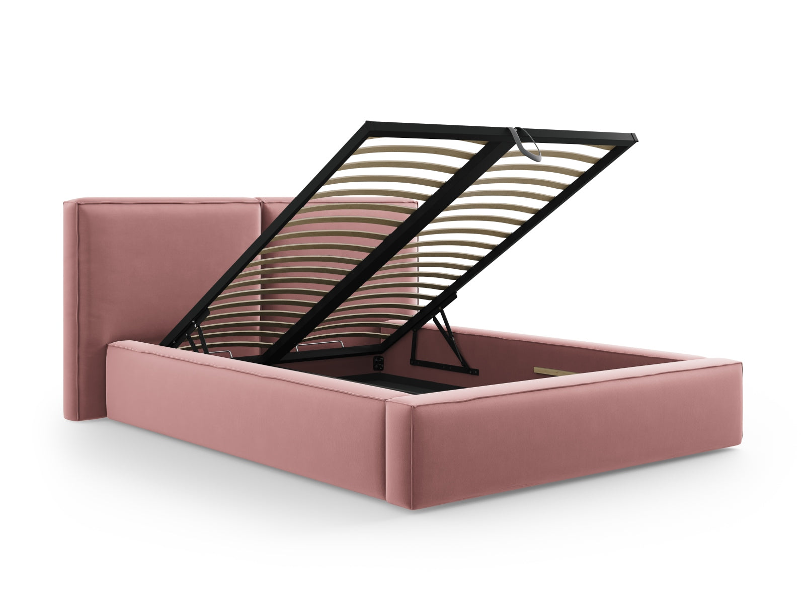 Stilvolles Jodie Velour Bett mit praktischem Stauraum und doppeltem Kopfteil, ideal für moderne Schlafzimmergestaltung.