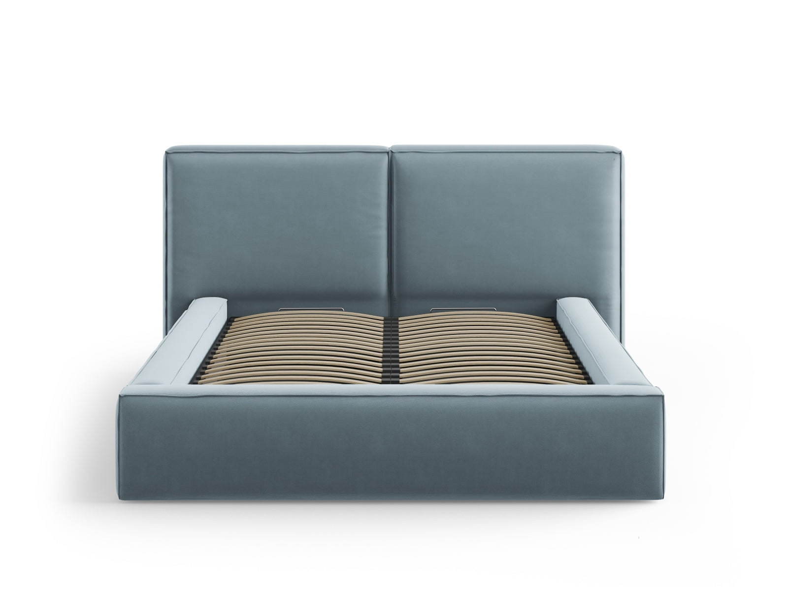 Elegantes Jodie Velour Bett in sanftem Hellblau, bietet zusätzlichen Stauraum und ein modernes, doppeltes Kopfteil für optimalen Komfort.