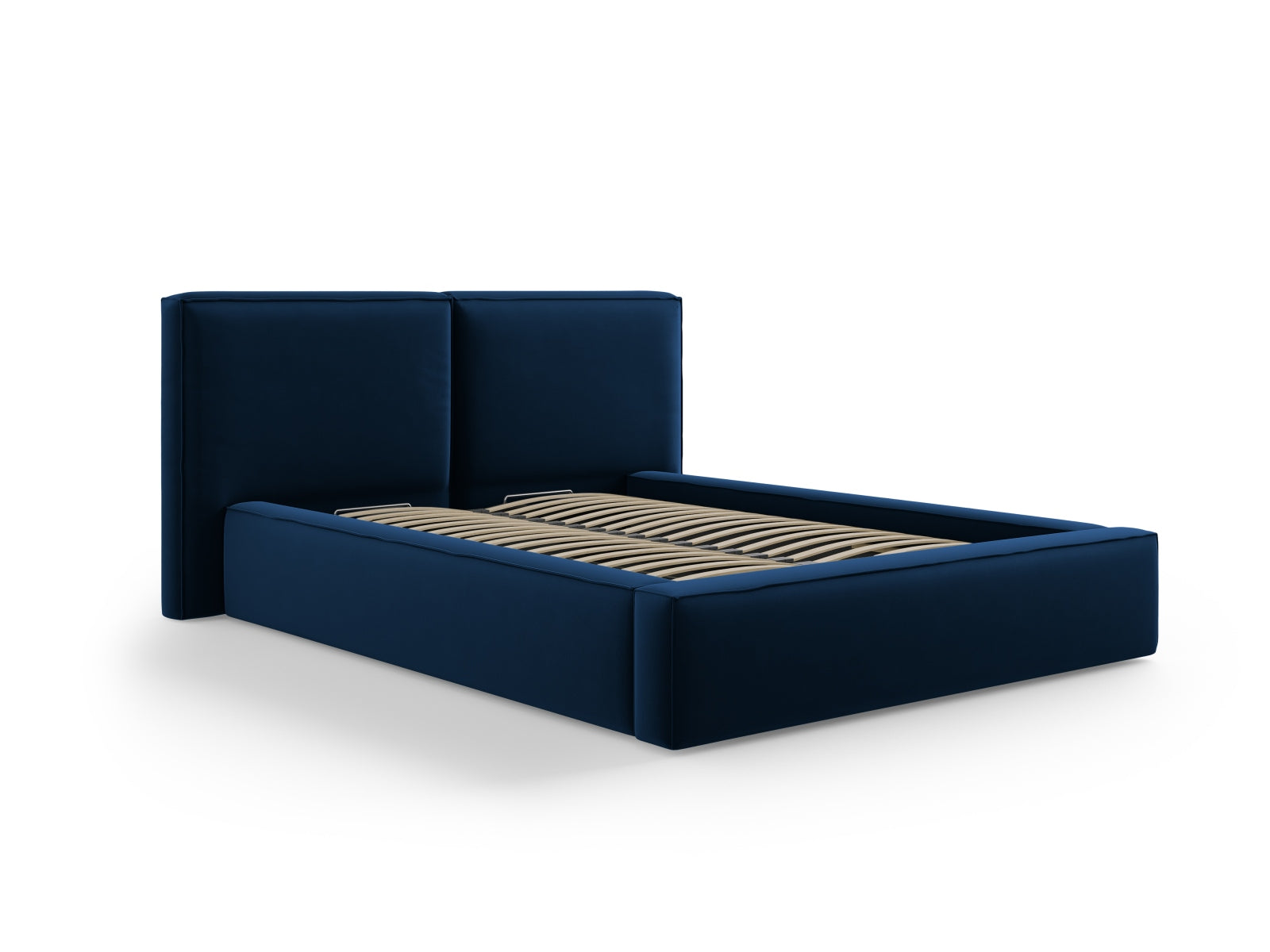 Stilvolles Jodie Velour Bett in Royal Blue, ausgestattet mit praktischem Stauraum und einem doppelten Kopfteil für zusätzlichen Komfort.