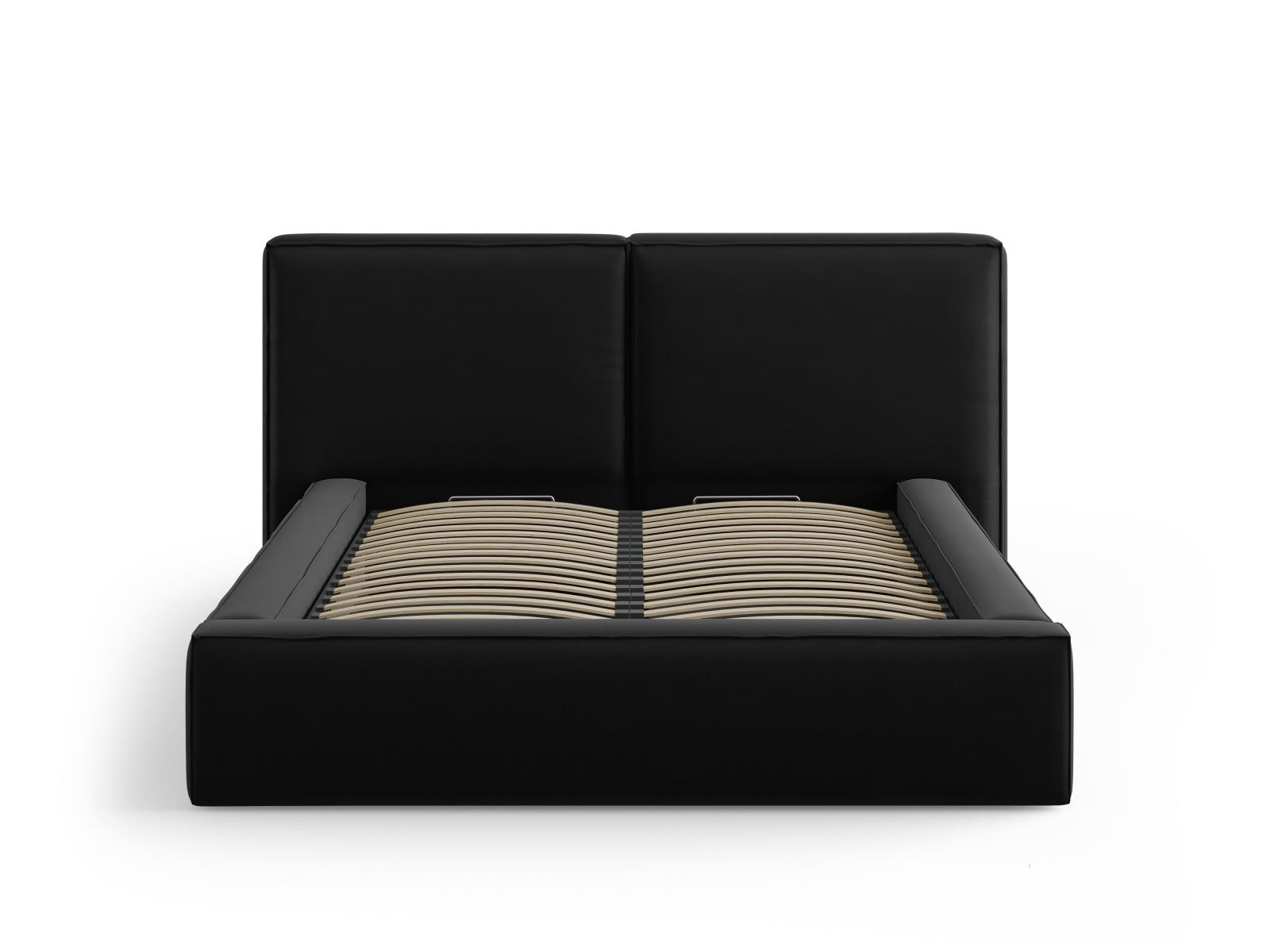 Elegantes Jodie Velour Bett in Schwarz-Bluvel, ideal für stilvolle Schlafzimmer, mit praktischem Stauraum und komfortablem doppeltem Kopfteil.