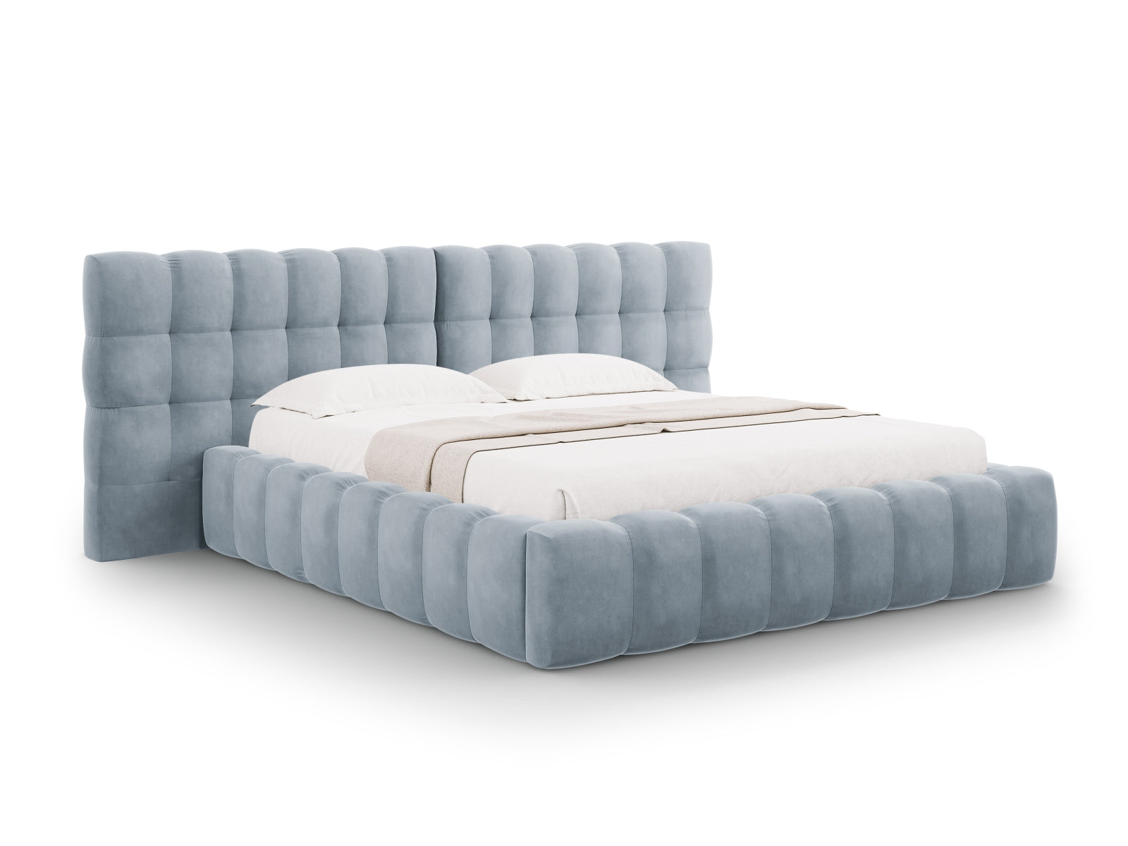 Mamaia Velour Bett mit Strauaum und doppeltem Headboard  200cm in Light Blue/Schwarz präsentiert im Onlineshop von KAQTU Design AG. Bett ist von Micadoni