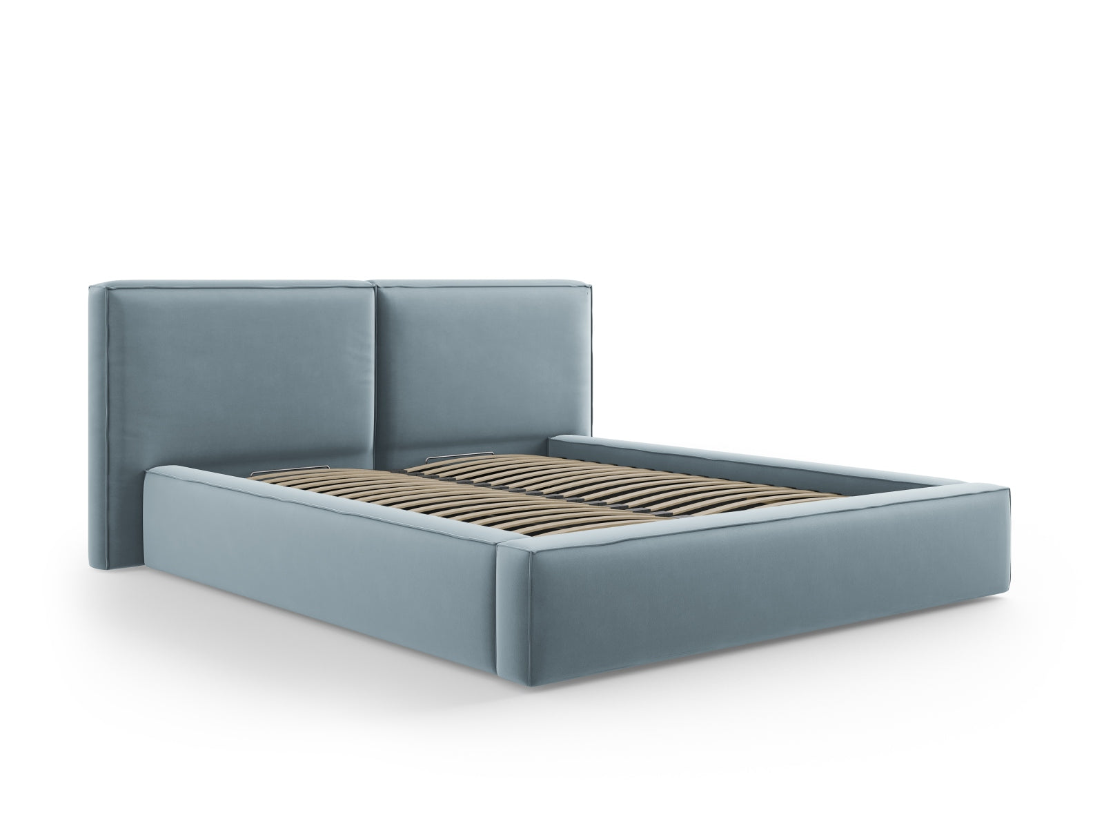 Erleben Sie das luxuriöse Jodie Velour Bett von Micadoni – 214 cm breit, mit elegantem Design, doppeltem Headboard und praktischem Stauraum für Ihr Schlafzimmer!
