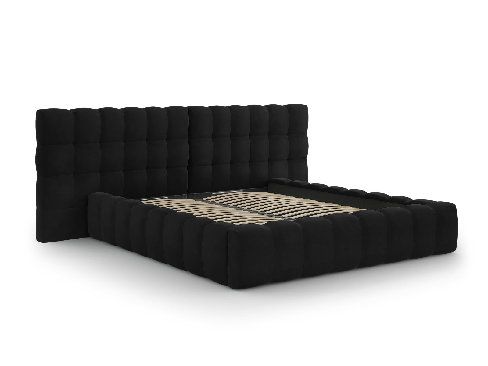 Schwarzes Mamaia Velour Bett mit doppeltem Kopfteil und integriertem Stauraum, perfekt für moderne Schlafzimmergestaltung.