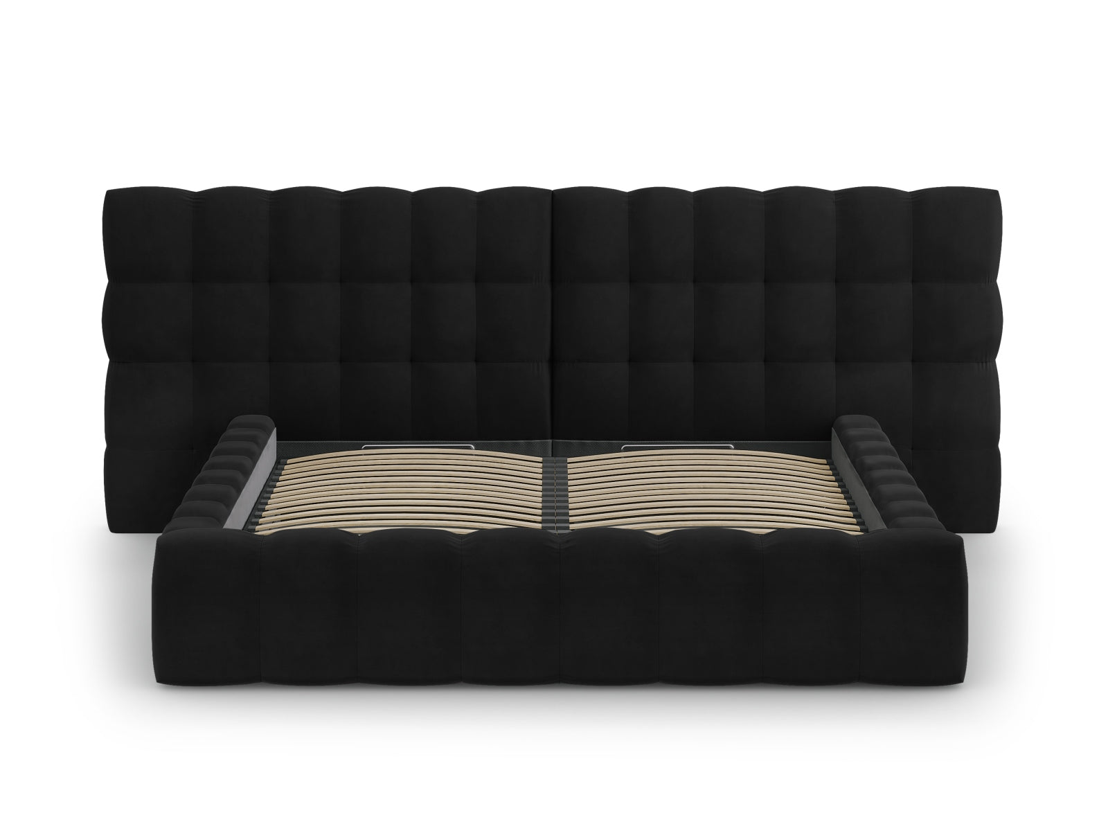 Elegantes Mamaia Velour Bett in Schwarz mit doppeltem Kopfteil und praktischem Stauraum, ideal für stilvolle Schlafzimmer.