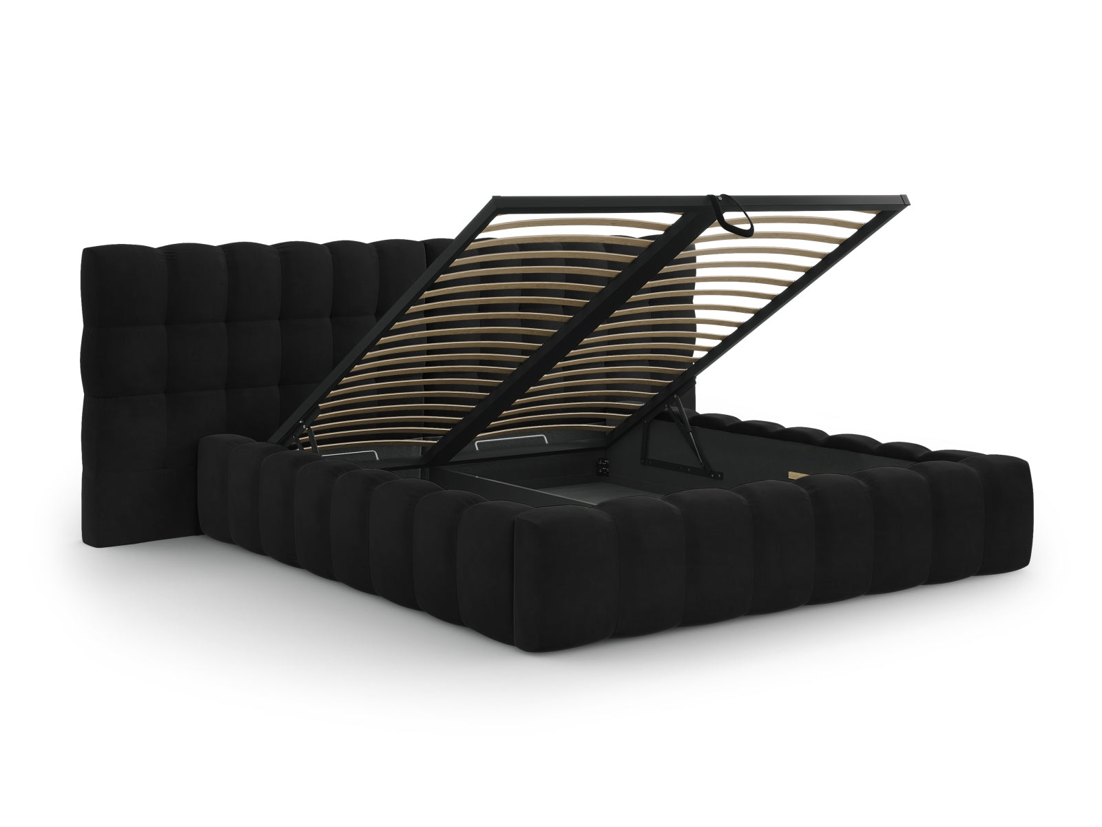 Schwarzes Mamaia Velour Bett mit doppeltem Kopfteil und integriertem Stauraum, perfekt für moderne Schlafzimmergestaltung.