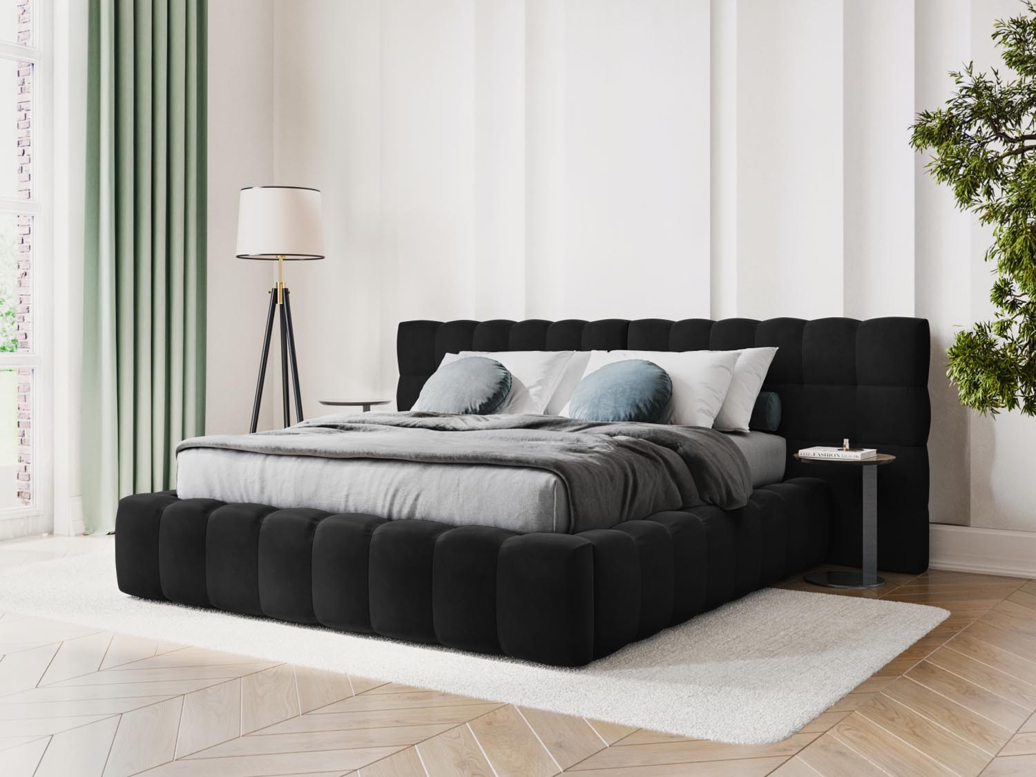 Elegantes Mamaia Velour Bett in Schwarz mit praktischem Stauraum und doppeltem Kopfteil, ideal für stilvolle Schlafzimmer.