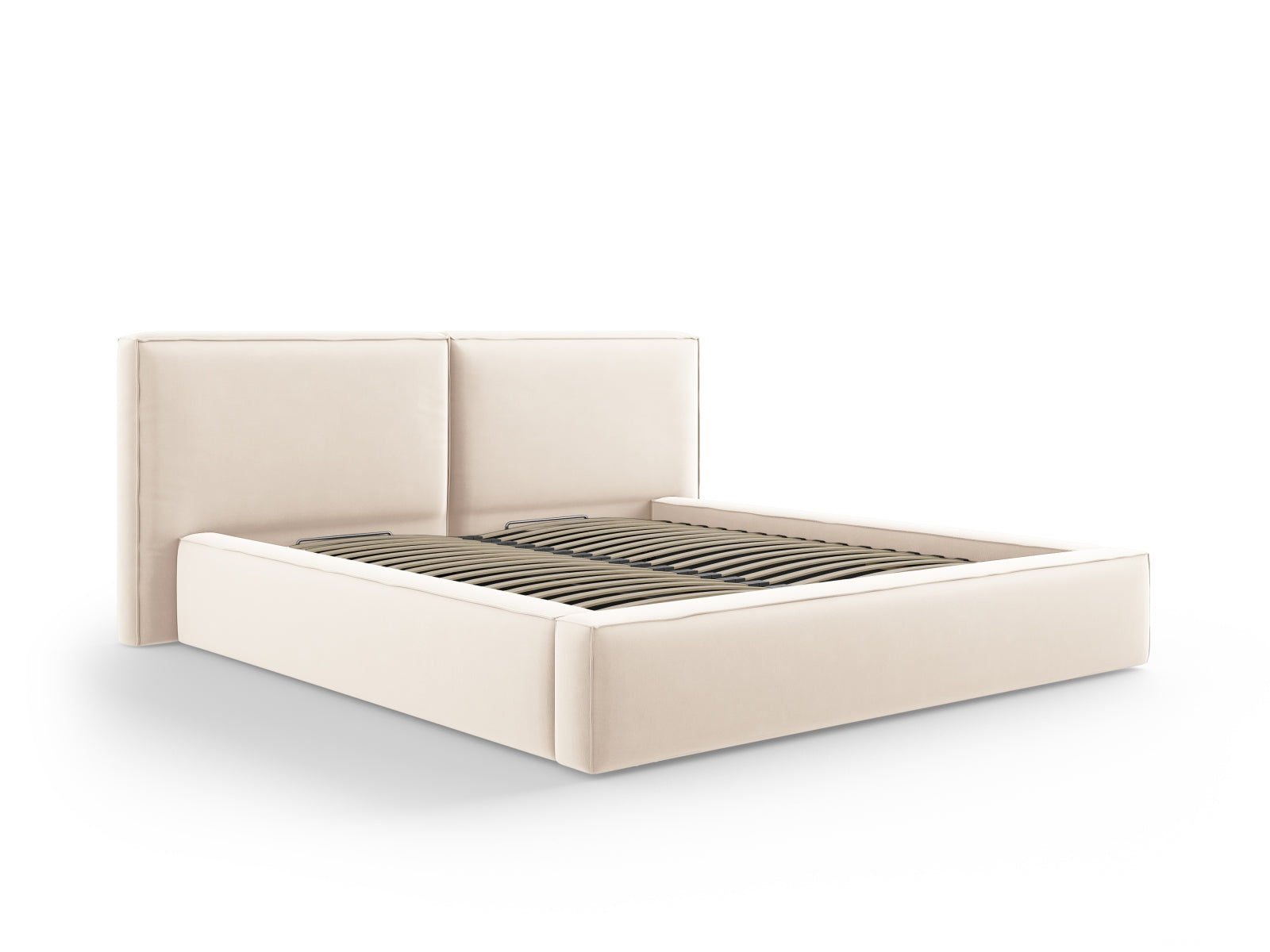 Stilvolles Jodie Velour Bett in sanftem Beige, ausgestattet mit praktischem Stauraum und einem doppelten Kopfteil für zusätzlichen Komfort.