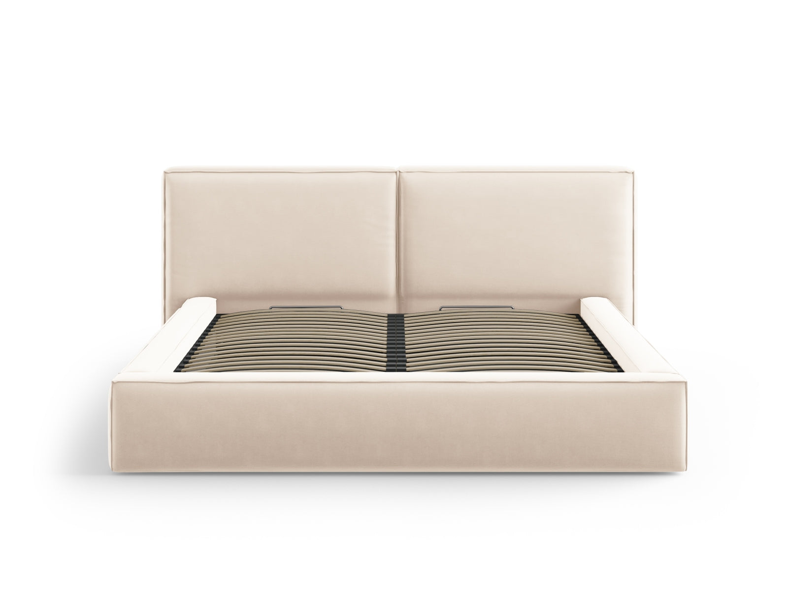 Elegantes Jodie Velour Bett in zartem Beige, bietet cleveren Stauraum und ein luxuriöses doppeltes Kopfteil für optimalen Schlafkomfort.