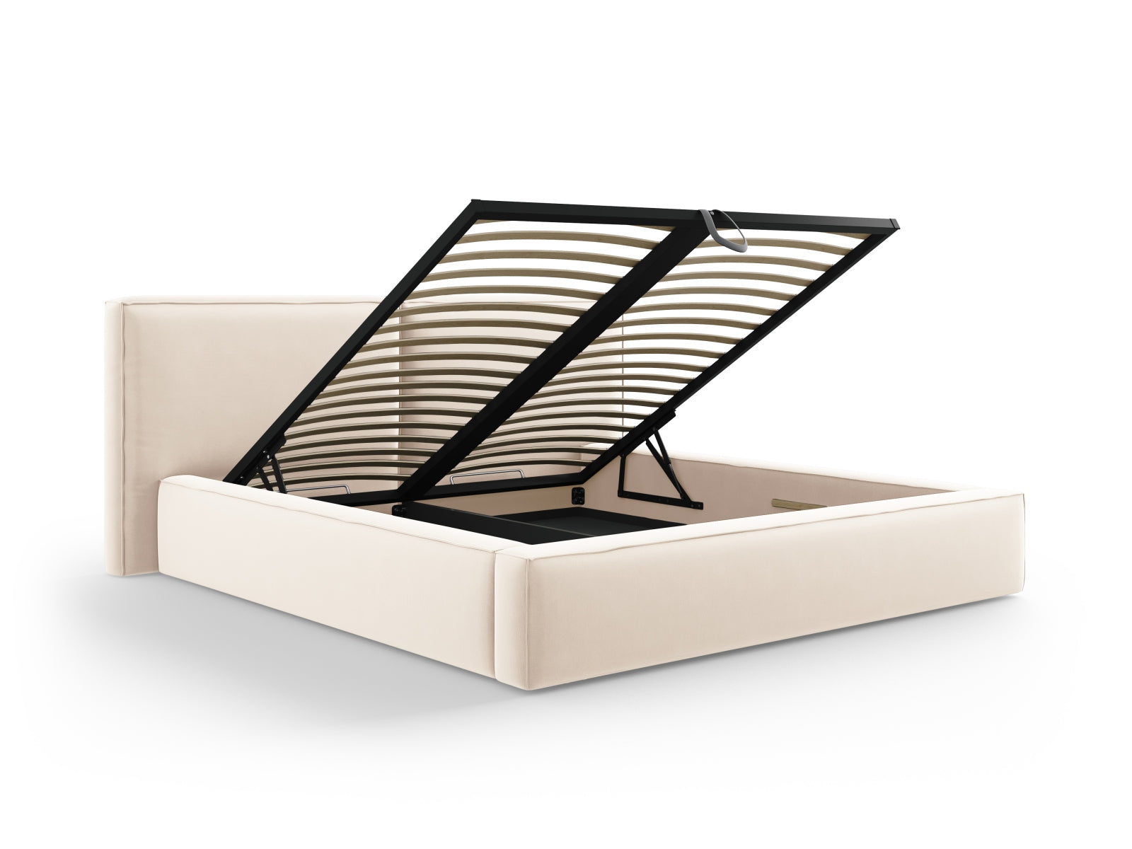 Stilvolles Jodie Velour Bett in sanftem Beige, ausgestattet mit praktischem Stauraum und einem doppelten Kopfteil für zusätzlichen Komfort.
