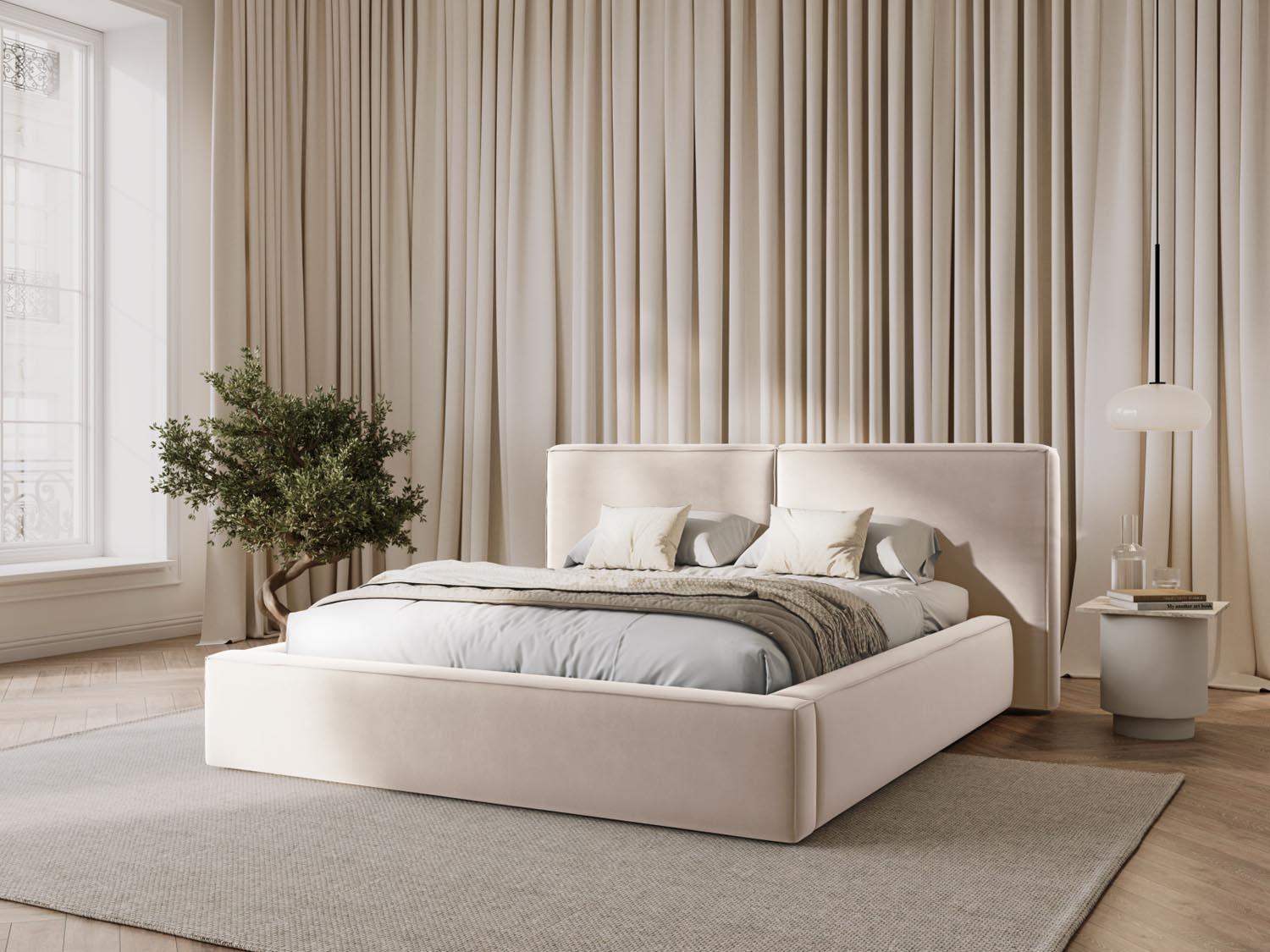 Elegantes Jodie Velour Bett in Light Beige mit praktischem Stauraum und doppeltem Headboard, ideal für stilvolle Schlafzimmer.
