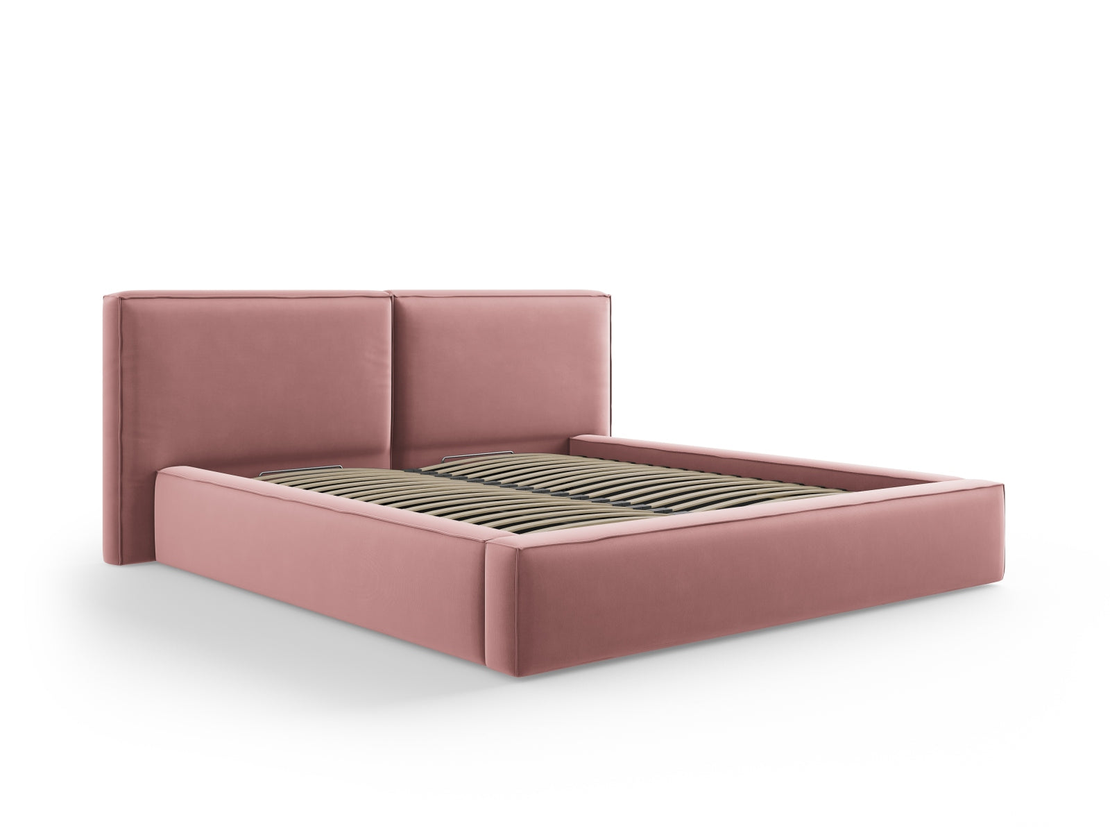 Stylisches Jodie Velour Bett in sanften Pinktönen, ausgestattet mit praktischem Stauraum und einem doppelten Kopfteil für zusätzlichen Komfort.