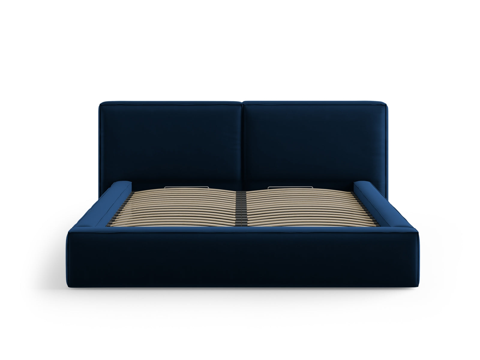 Elegantes Jodie Velour Bett in Royal Blue, 180 cm, mit praktischem Stauraum und stilvollem doppeltem Kopfteil für ein modernes Schlafzimmer.