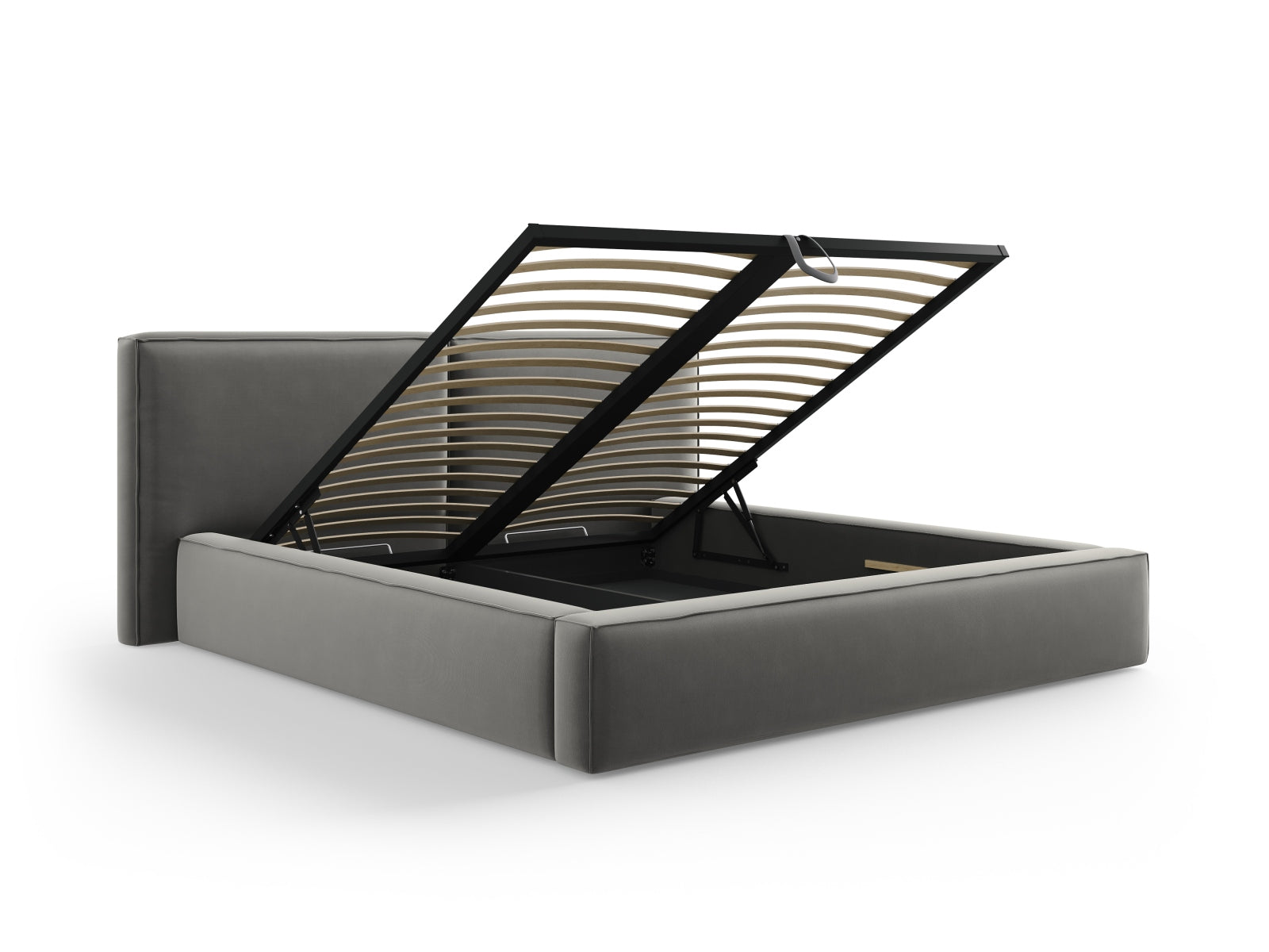 Stilvolles Jodie Velour Bett in sanftem Grau, bietet cleveren Stauraum und ein luxuriöses doppeltes Kopfteil für optimalen Schlafkomfort.