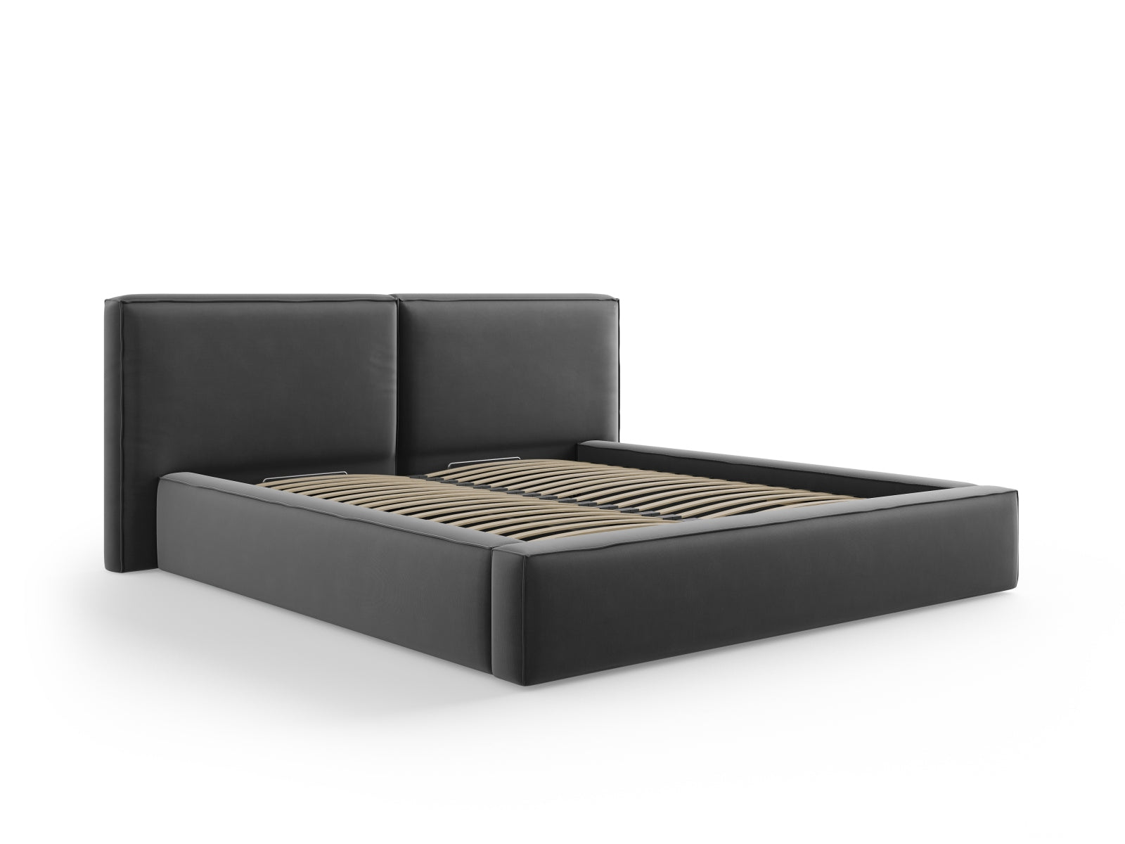Stilvolles Jodie Velour Bett in Grey-Bluvel, ausgestattet mit praktischem Stauraum und einem doppelten Kopfteil für zusätzlichen Komfort.