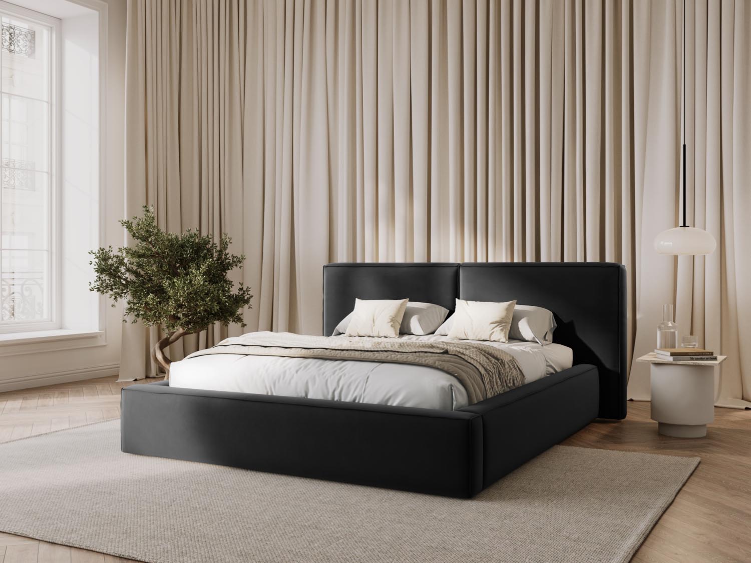 Elegantes Jodie Velour Bett in Grey-Bluvel mit praktischem Stauraum und doppeltem Headboard, ideal für stilvolle Schlafzimmer.