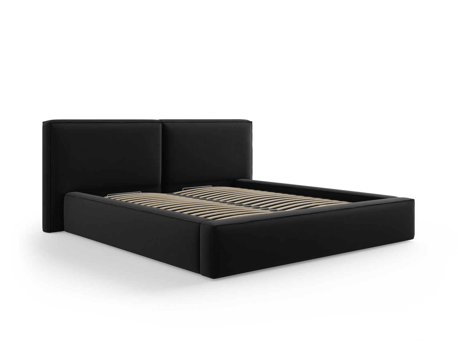 Schwarzes Velour Bett Jodie mit doppeltem Kopfteil und integriertem Stauraum, perfekt für moderne Schlafzimmergestaltung.