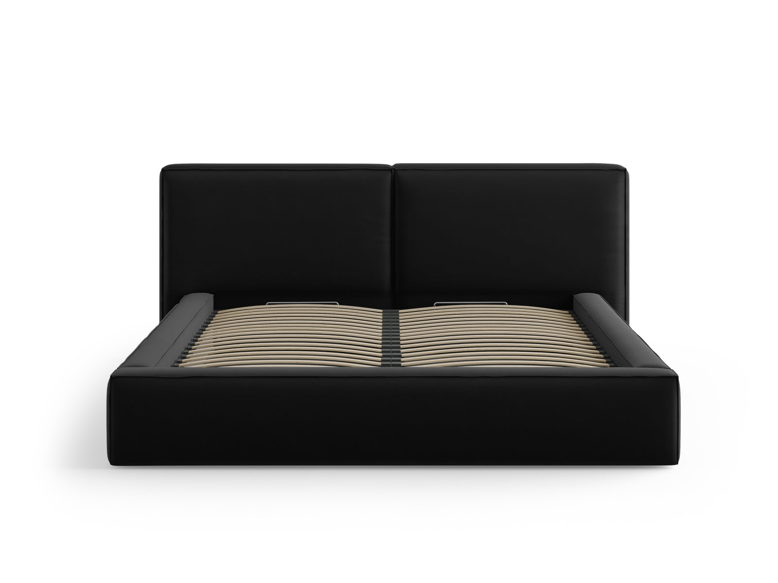 Elegantes Jodie Velour Bett in Schwarz mit doppeltem Kopfteil und praktischem Stauraum, ideal für stilvolle Schlafzimmer.