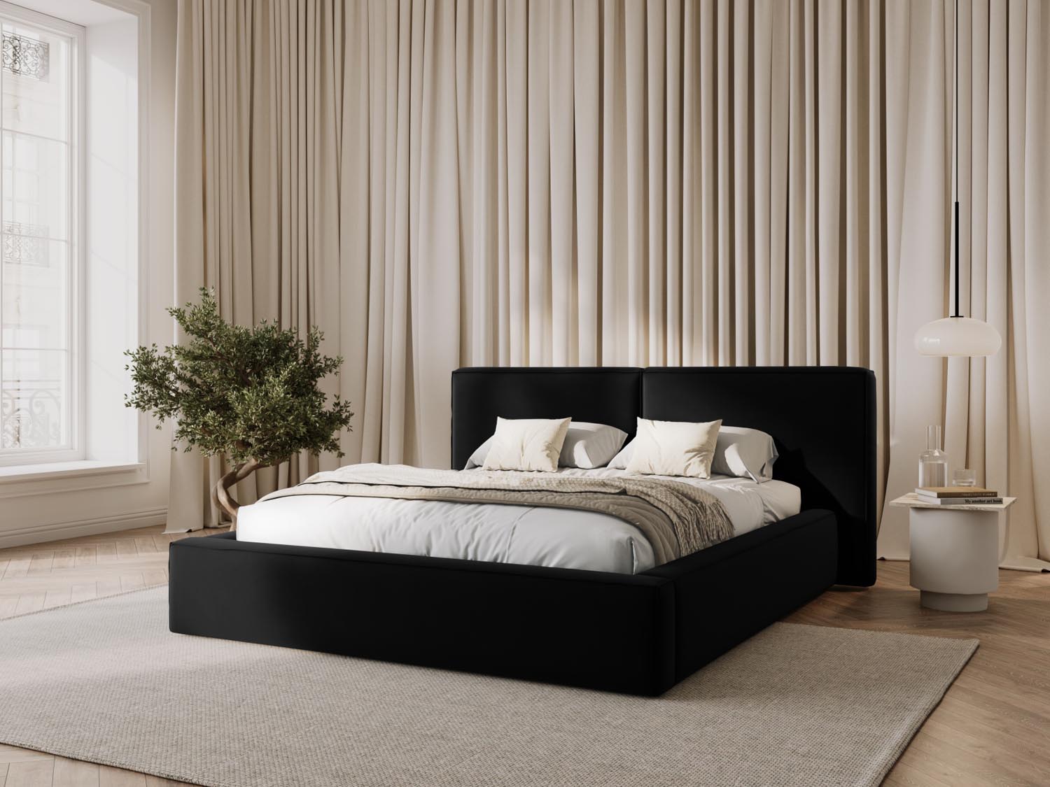 Elegantes Jodie Velour Bett in Schwarz-Bluvel mit praktischem Stauraum und doppeltem Kopfteil, ideal für stilvolle Schlafzimmer.