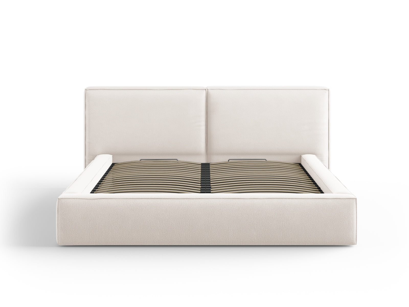 Elegantes Jodie Bett in Light Beige mit praktischem Stauraum und doppeltem Kopfteil, ideal für stilvolle Schlafzimmer.