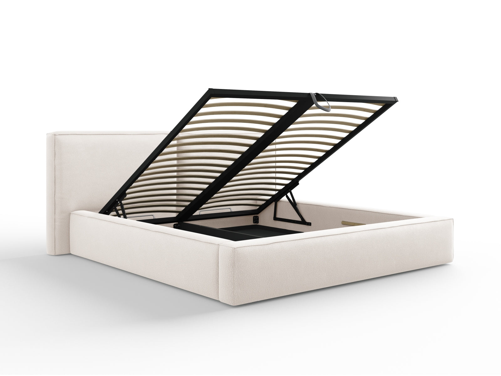 Modernes Jodie Bett in sanftem Beige, ausgestattet mit Stauraum und doppeltem Kopfteil, perfekt für funktionale und stilvolle Schlafräume.