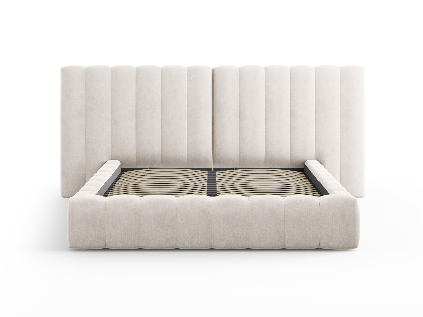 Entdecken Sie das Kelp Bett von Micadoni: stilvolles Design, praktischer Stauraum und ein elegantes doppeltes Headboard für erholsamen Schlaf.