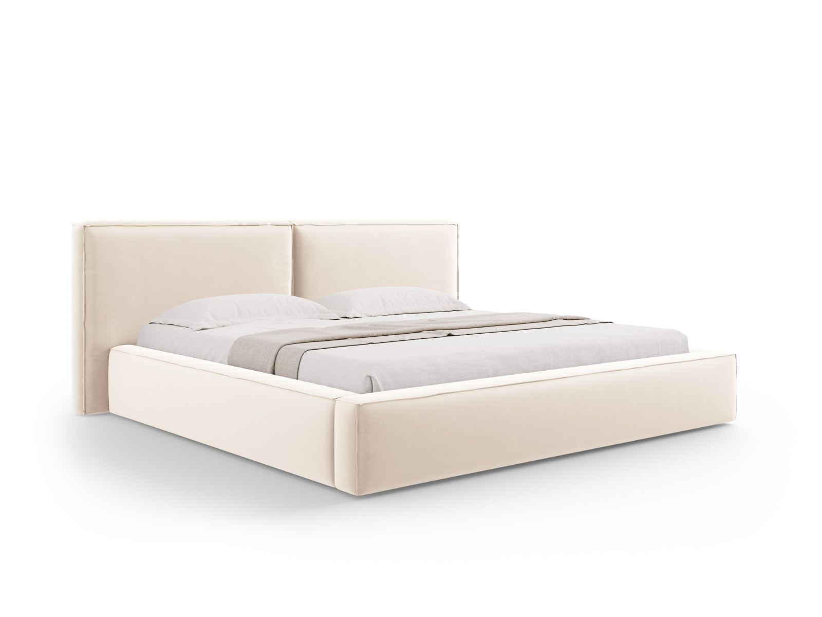 Jodie Velour Bett mit Strauaum und doppeltem Headboard  251cm in Light Beige präsentiert im Onlineshop von KAQTU Design AG. Bett ist von Micadoni