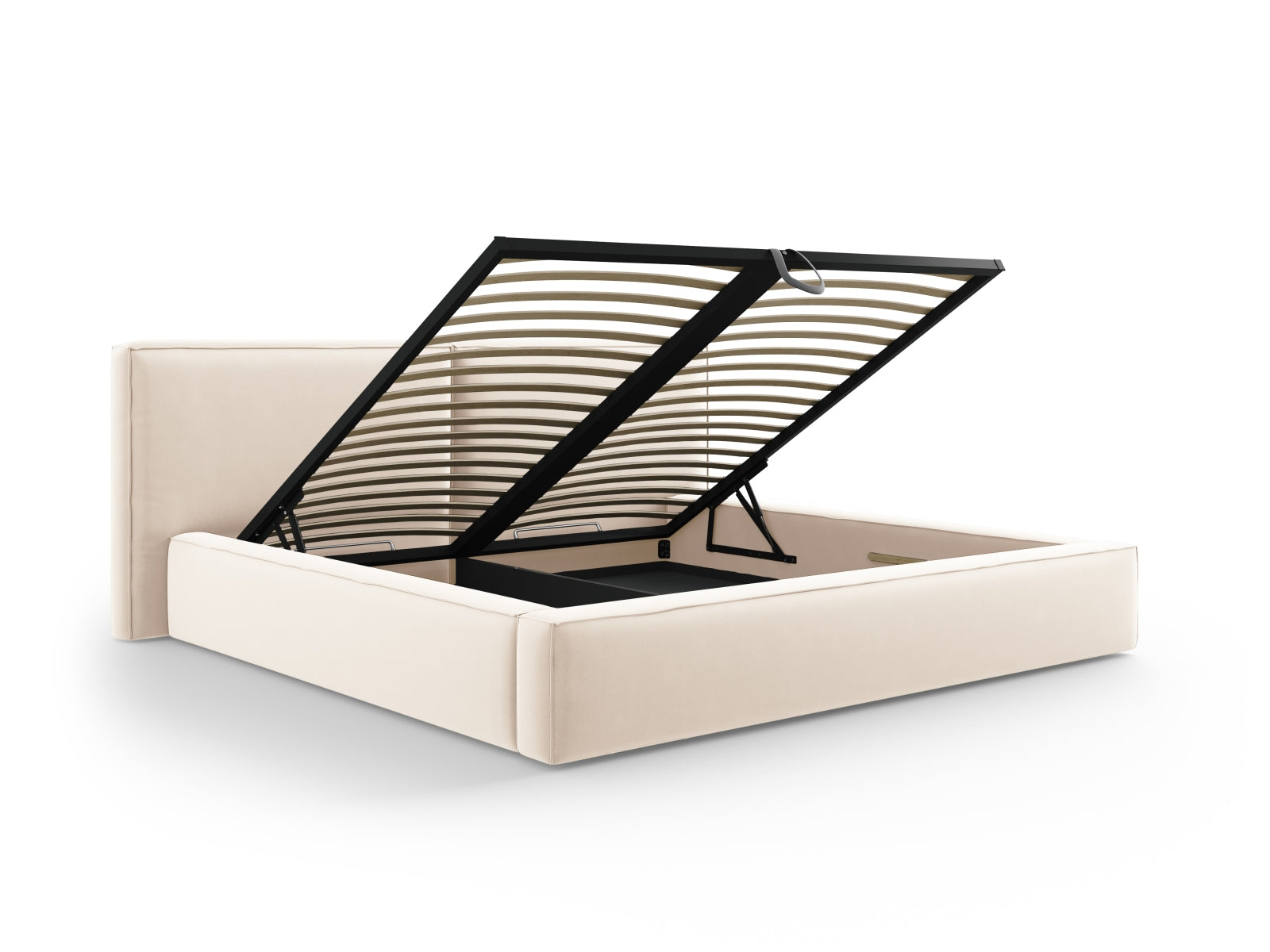 Stilvolles Jodie Velour Bett in sanftem Beige, ausgestattet mit praktischem Stauraum und einem doppelten Kopfteil für zusätzlichen Komfort.