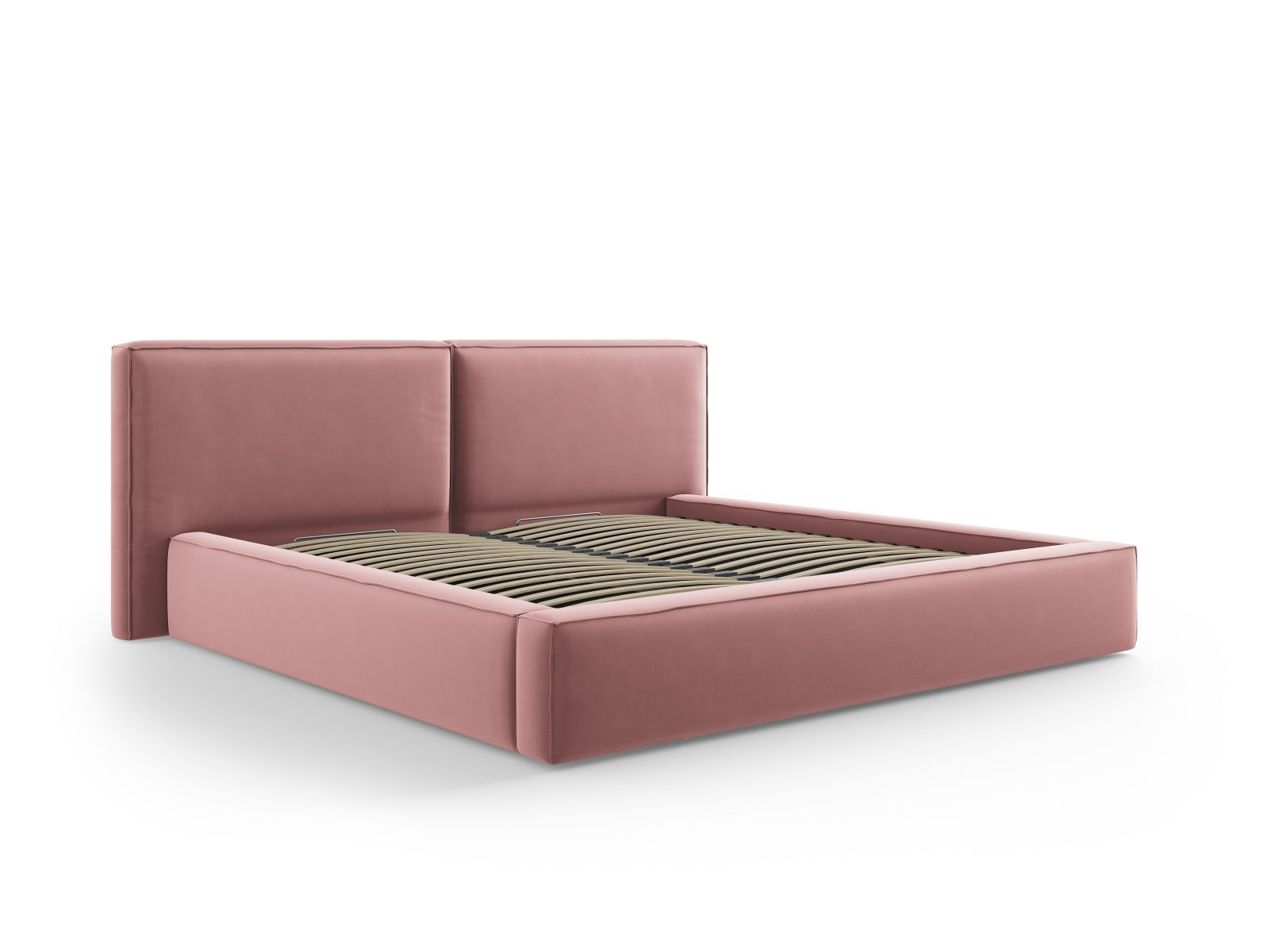 Stilvolles Jodie Velour Bett in sanften Pink- und Blautönen, ausgestattet mit praktischem Stauraum und einem doppelten Kopfteil für zusätzlichen Komfort.